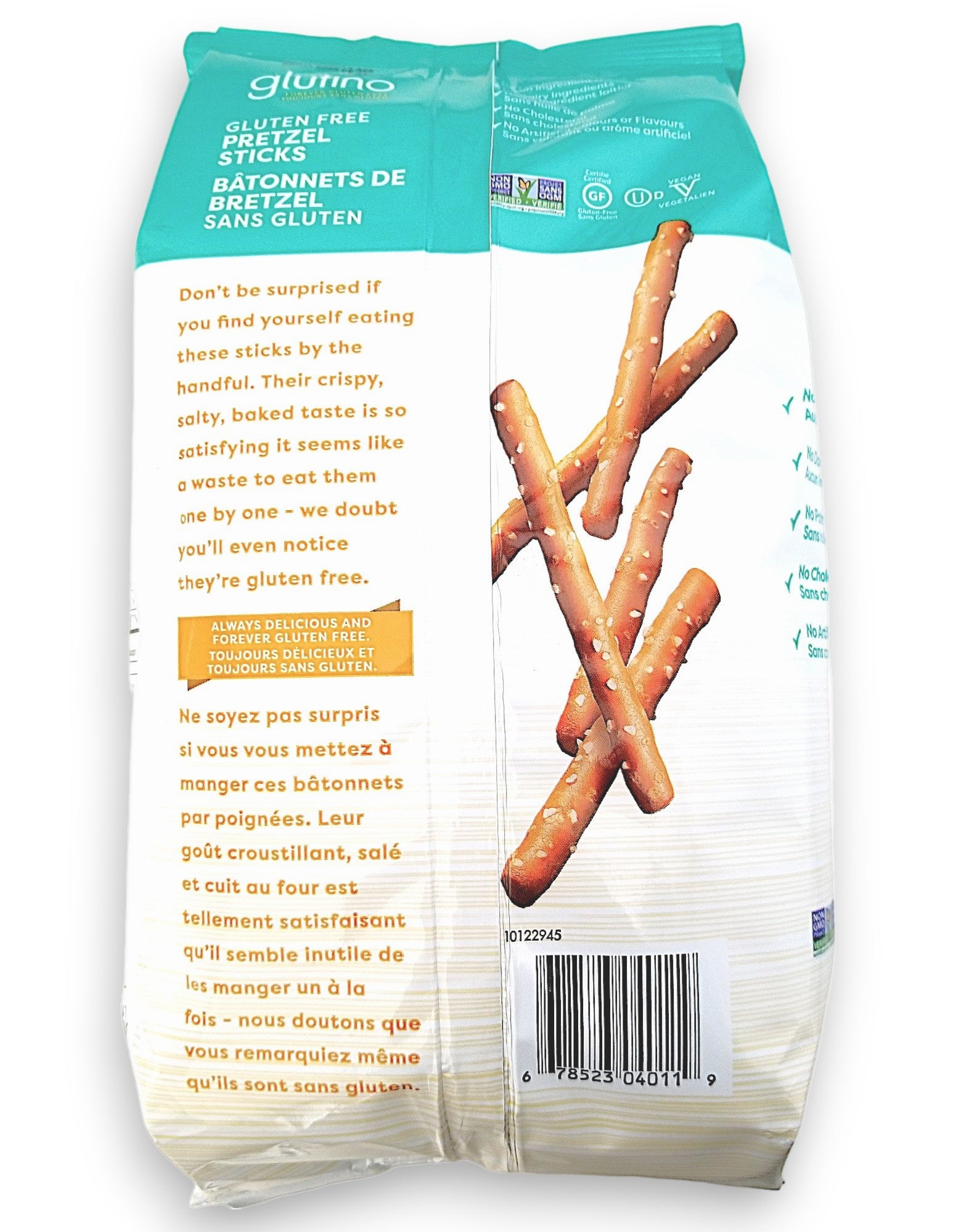 Glutino Gluten Free Pretzel Sticks, back of bag