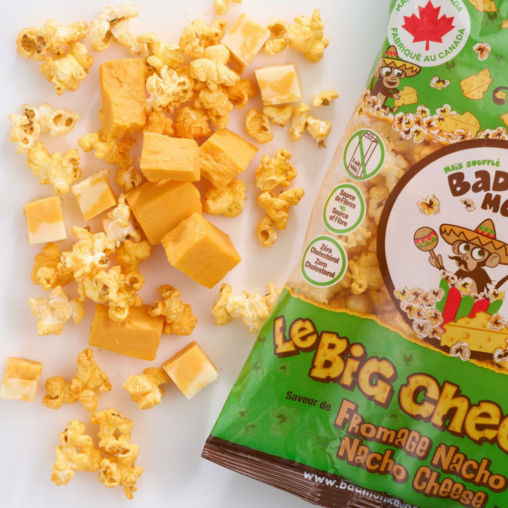 Bad Monkey Nacho Cheese Popcorn, 300g, picture of popcorn and nacho cheese.