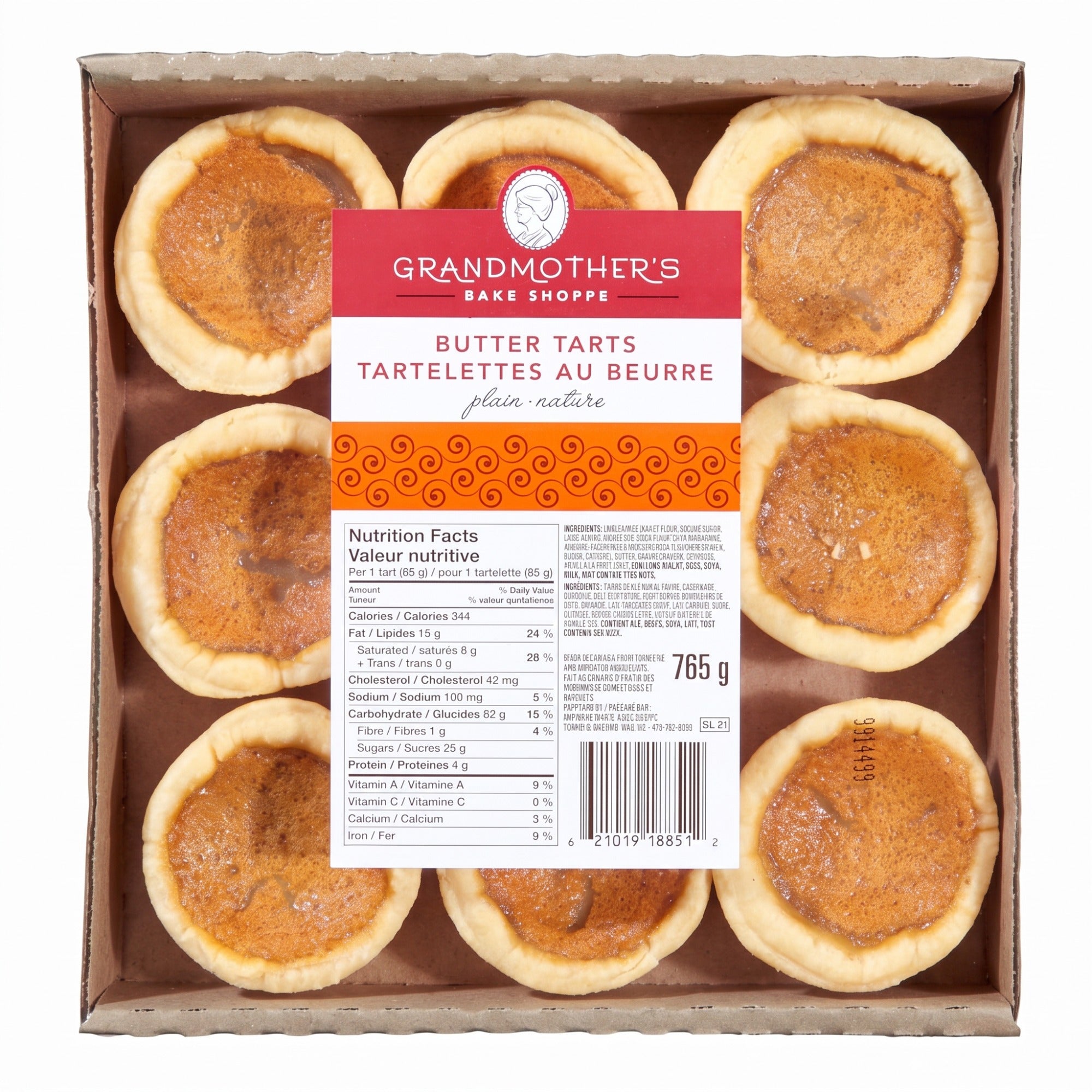 Grandmother's Bake Shoppe Plain Butter Tarts 9-pack box front, 765g / 27oz