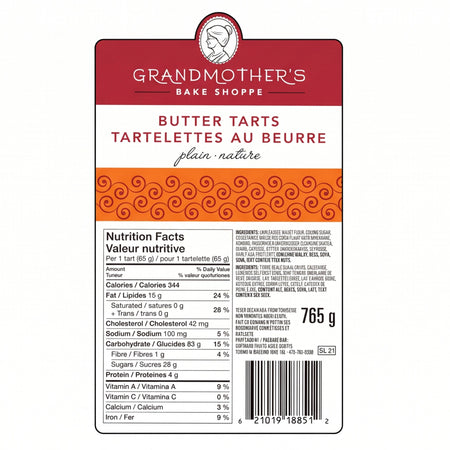 Grandmother's Bake Shoppe Plain Butter Tarts ingredients label, 765g / 27oz
