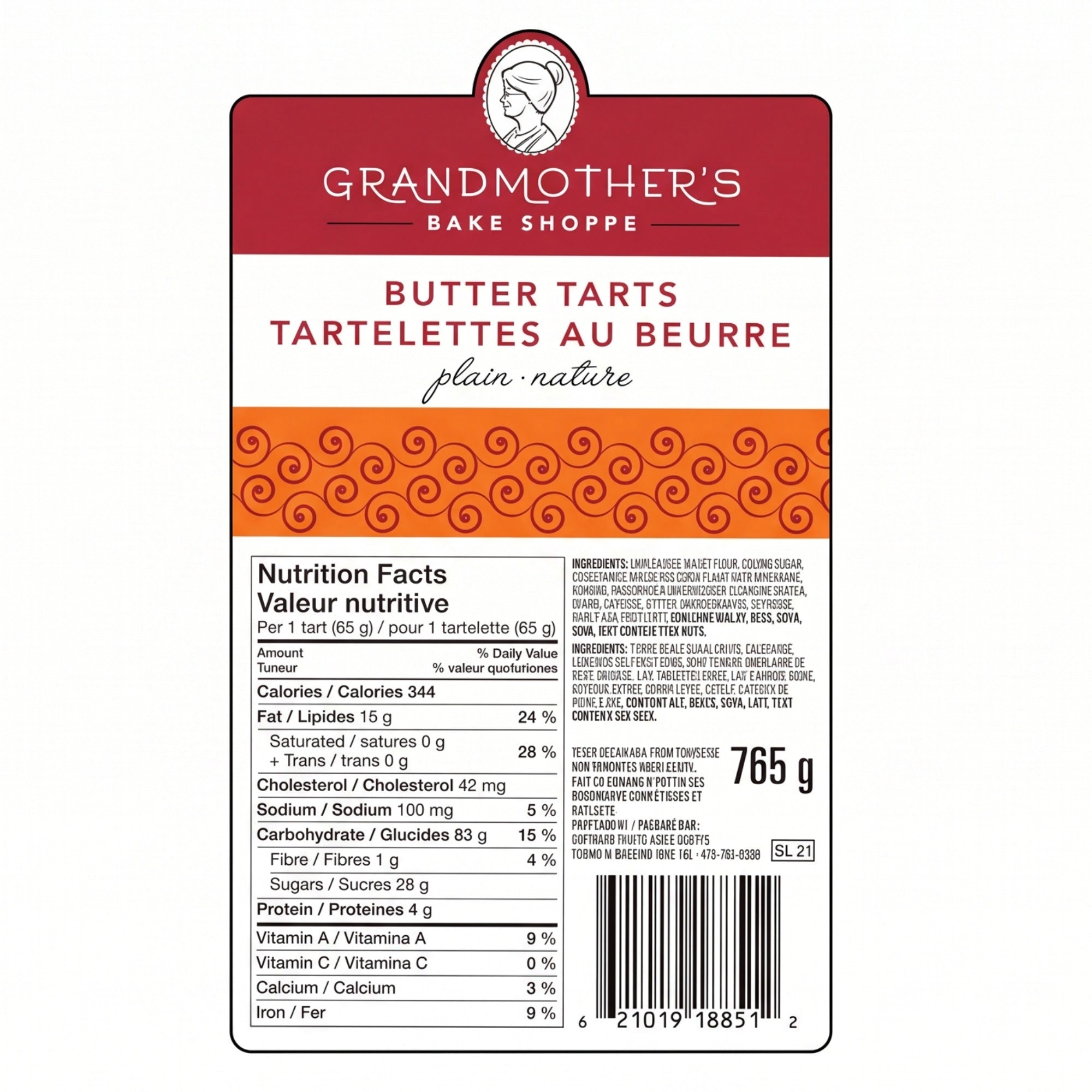 Grandmother's Bake Shoppe Plain Butter Tarts nutrition facts label per serving