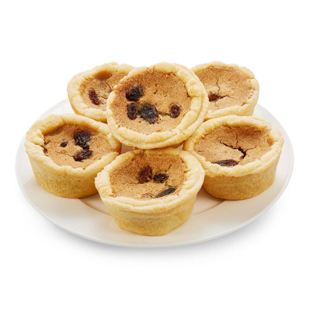Grandmother's Bake Shoppe Raisin Butter Tarts served on a plate, flaky pastry with caramel raisin filling