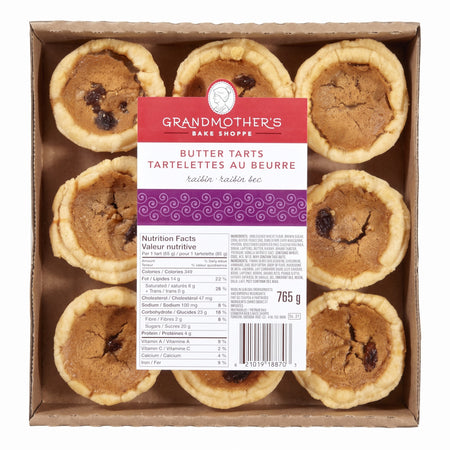 Grandmother's Bake Shoppe Raisin Butter Tarts 9-pack box front, 765g / 27oz