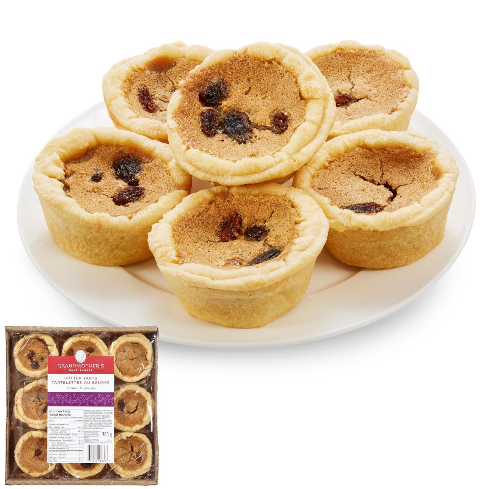 Grandmother's Bake Shoppe Raisin Butter Tarts on a plate, golden flaky pastry with raisin caramel filling