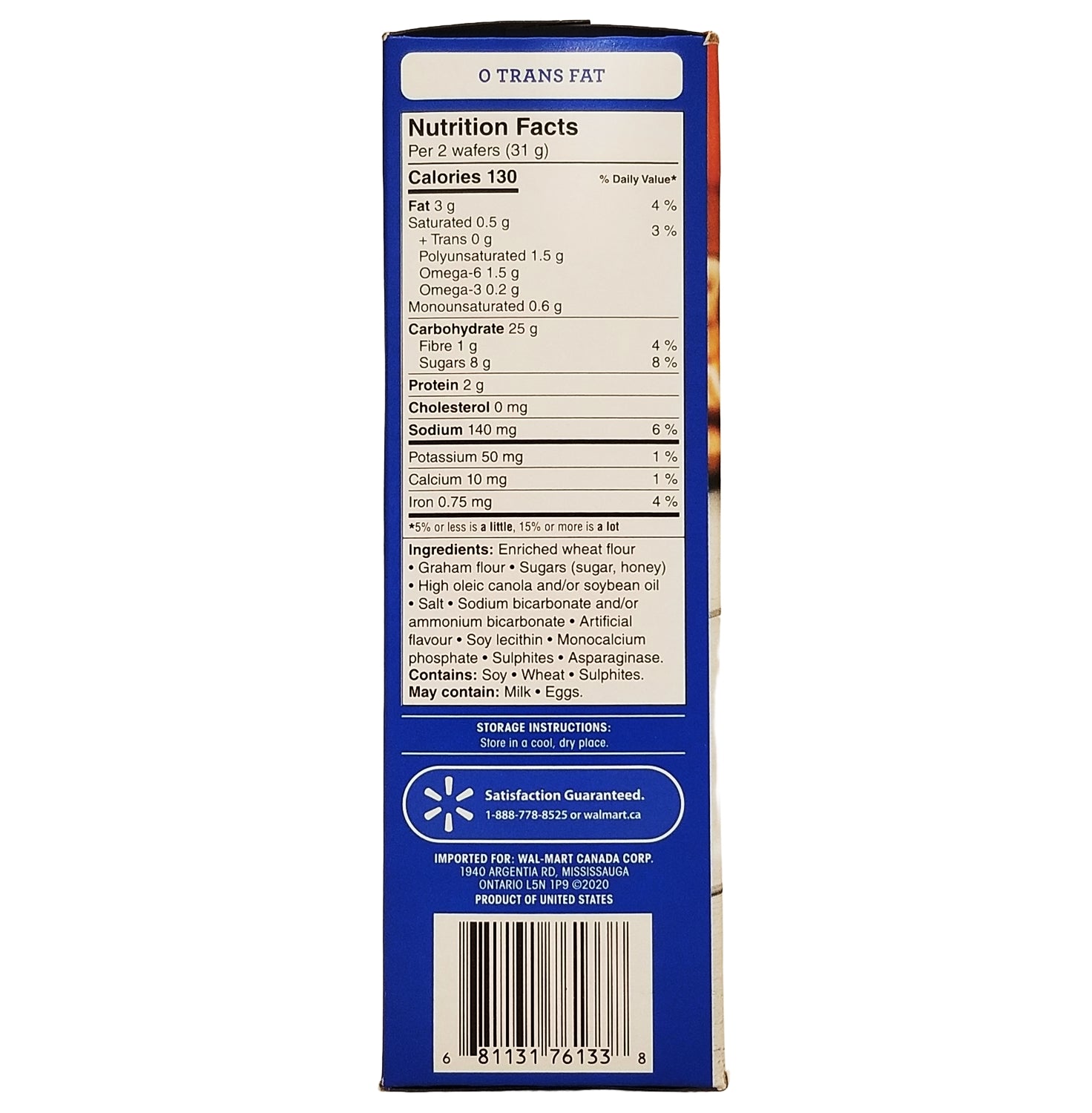 Great Value Honey Graham Wafers 408 g – side of package