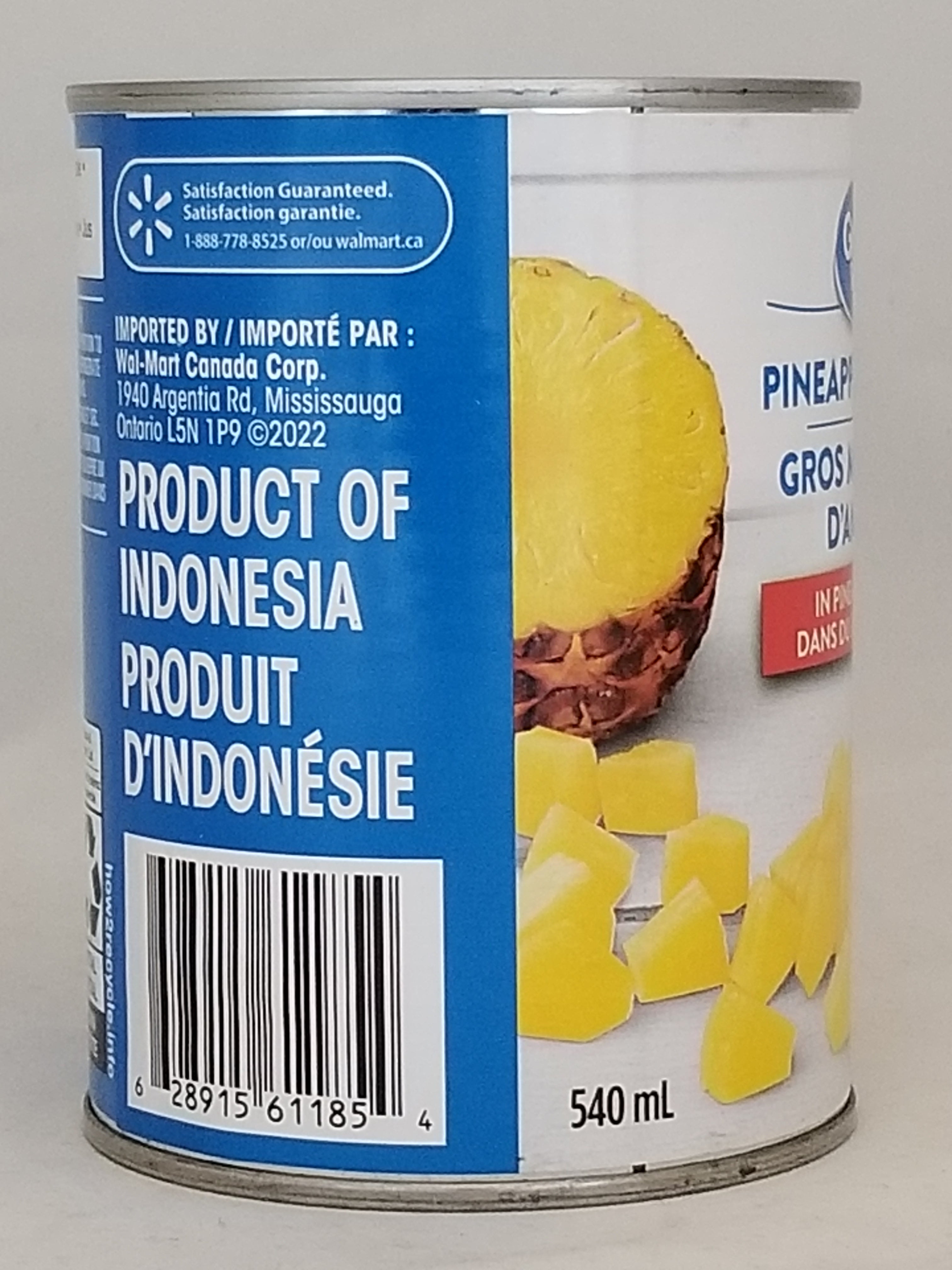 Great Value Pineapple Chunks In Pineapple Juice, 540ml/19 fl oz - Side of can of pineapple with Indonesian product label on a white background