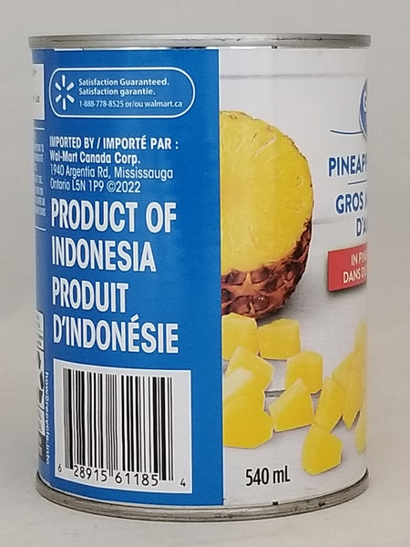 Great Value Pineapple Chunks In Pineapple Juice, 540ml/19 fl oz - Side of can of pineapple with Indonesian product label on a white background