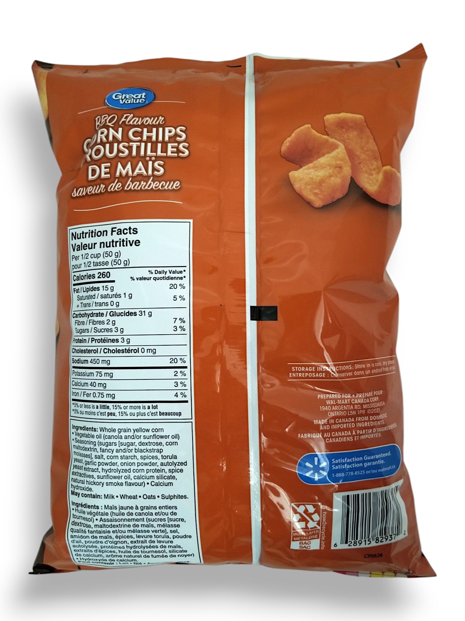 Great Value BBQ Flavored Corn Chips, 285g/10.1 oz - Back Of Bag