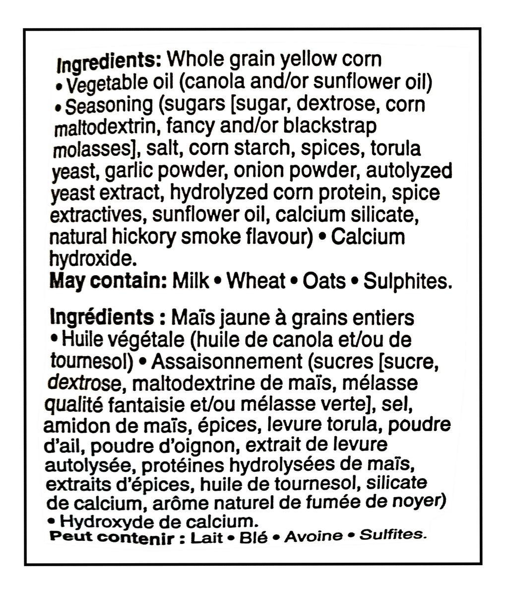 Great Value BBQ Flavored Corn Chips, 285g/10.1 oz - Ingredients Label