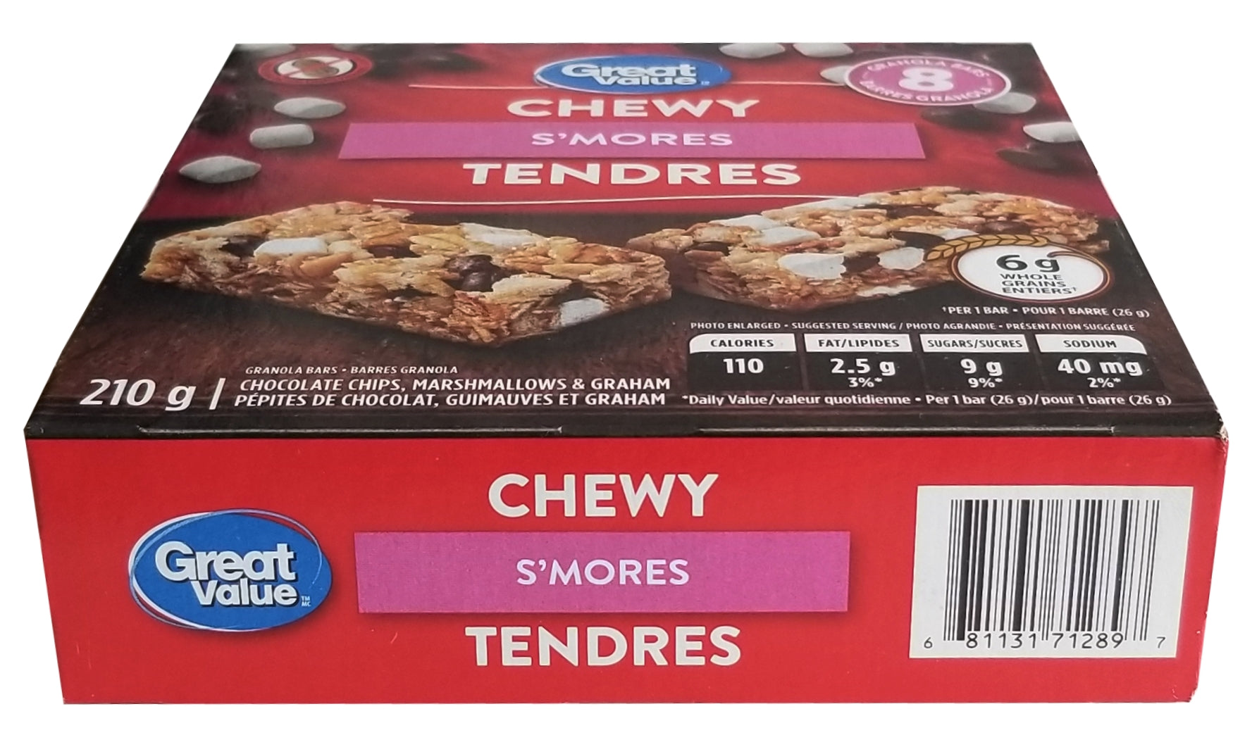 Great Value Chewy S'mores Granola Bars, 8 Bars, 210g/7.35 oz. Box  Bottom Side