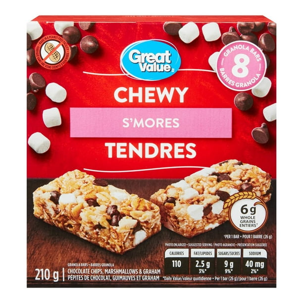 Great Value Chewy S'mores Granola Bars, 8 Bars, 210g/7.35 oz. Box Front Side