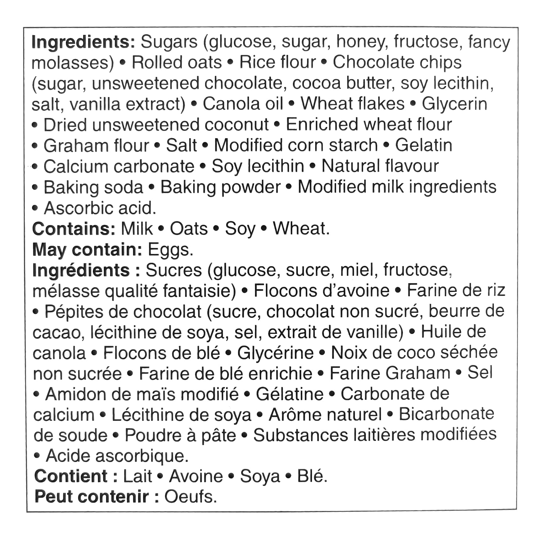 Great Value Chewy S'mores Granola Bars, 8 Bars, 210g/7.35 oz. Box Ingredients