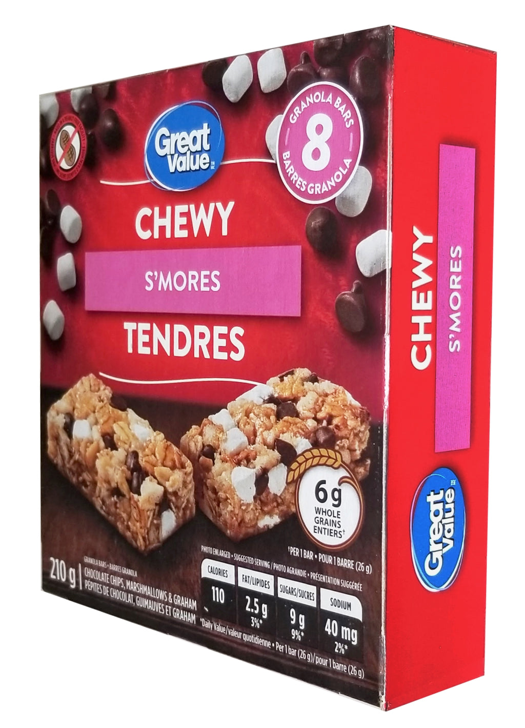 Great Value Chewy S'mores Granola Bars, 8 Bars, 210g/7.35 oz. Box Left Angle