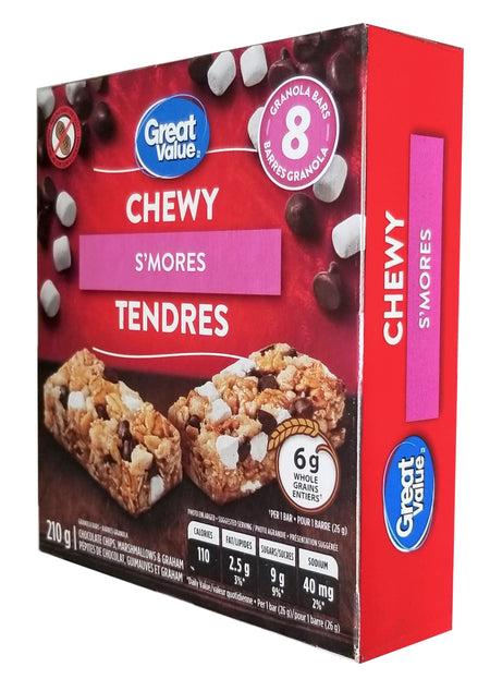 Great Value Chewy S'mores Granola Bars, 8 Bars, 210g/7.35 oz. Box Left Angle