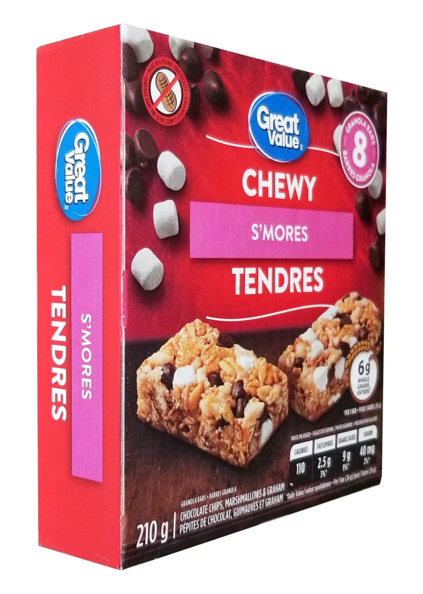 Great Value Chewy S'mores Granola Bars, 8 Bars, 210g/7.35 oz. Box Right Angle