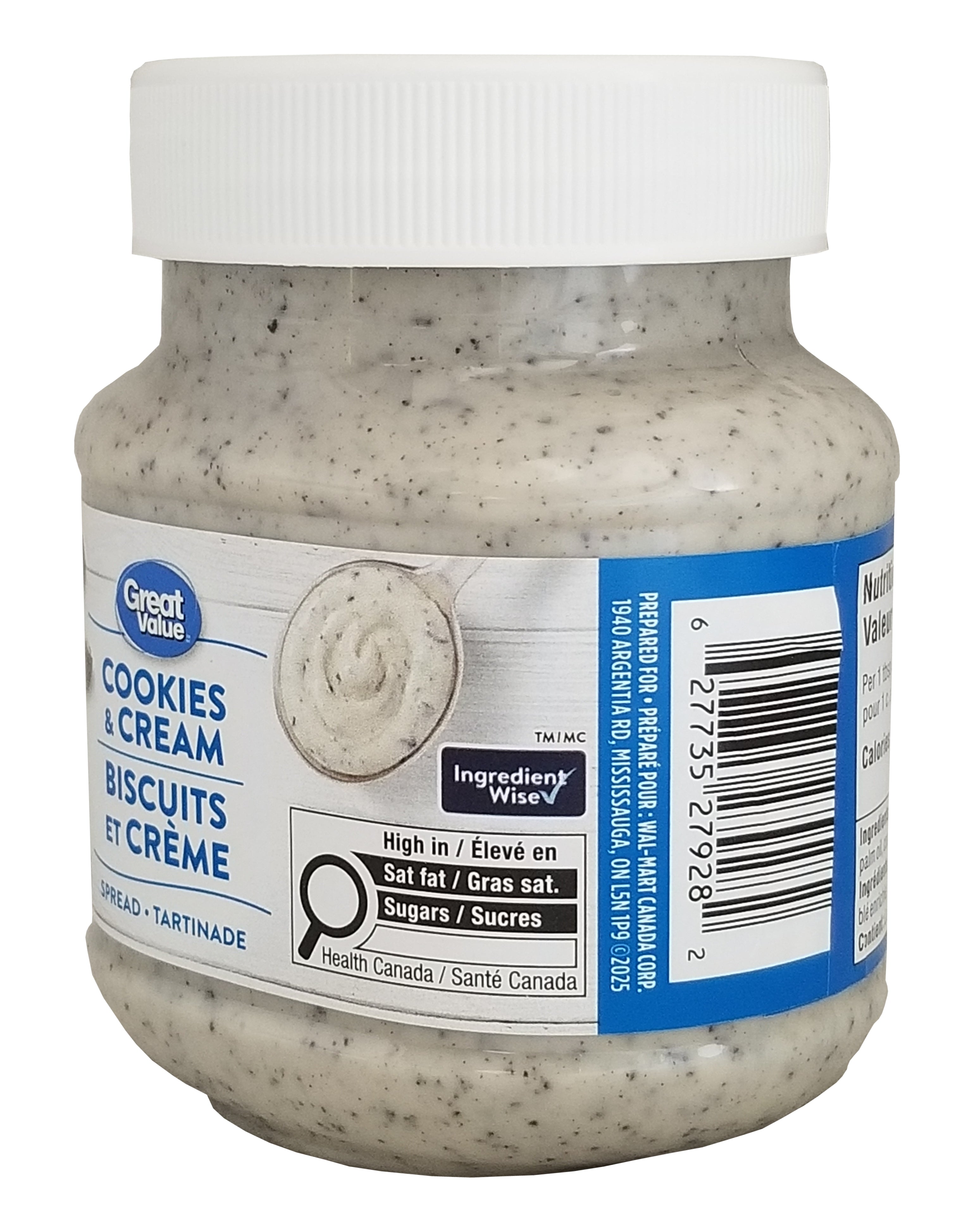 Great Value Cookies & Cream Spread, 375g/13.2 oz - Side of jar of Great Value Cookies & Cream Biscuits Spread on a white background