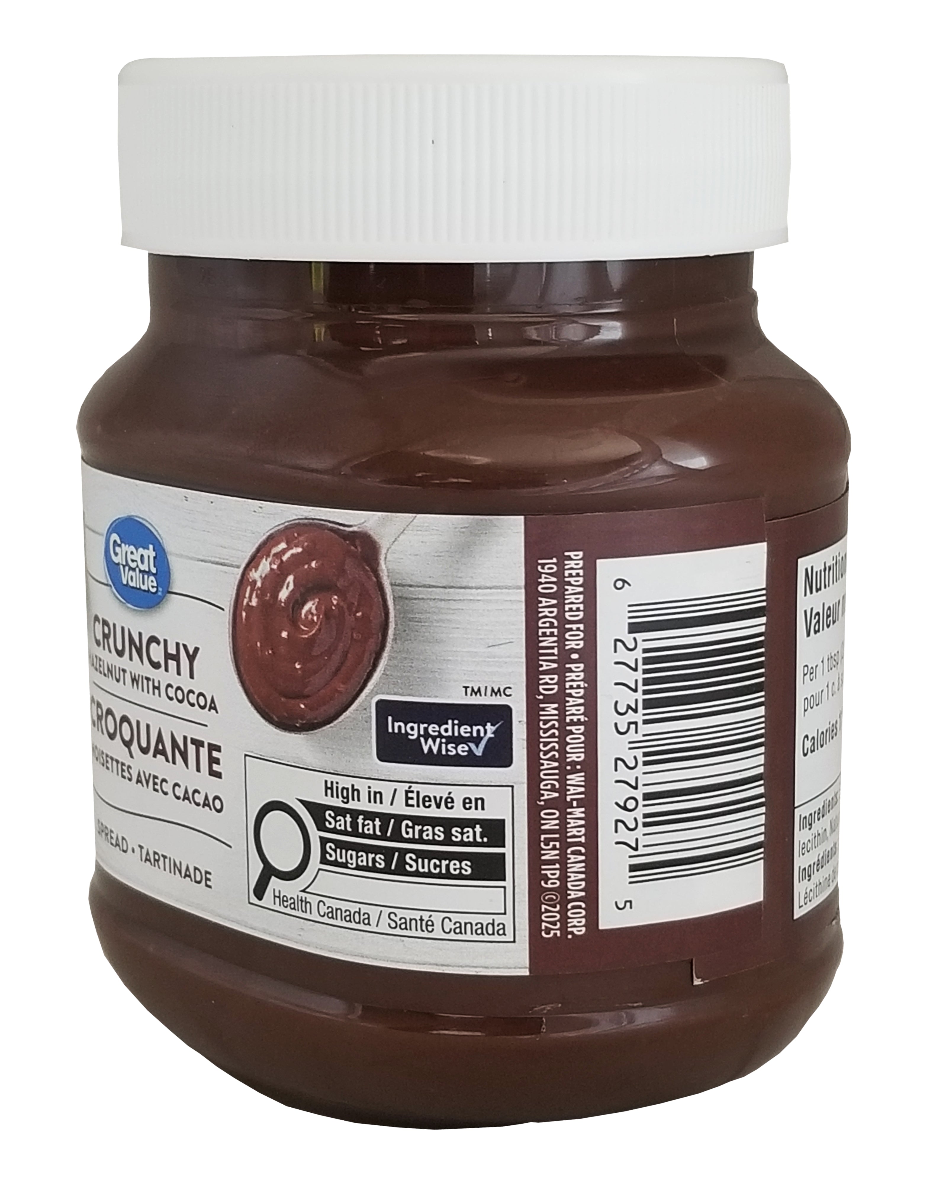 Great Value Crunchy Hazelnut Spread with Cocoa, 375g/13.2 oz - Side of jar of chocolate spread with a white lid on a white background