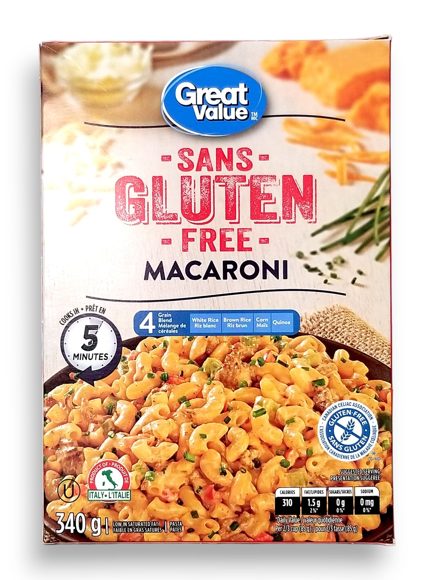 Great Value Gluten Free Macaroni Pasta, 340g/12 oz. Package, back of package.