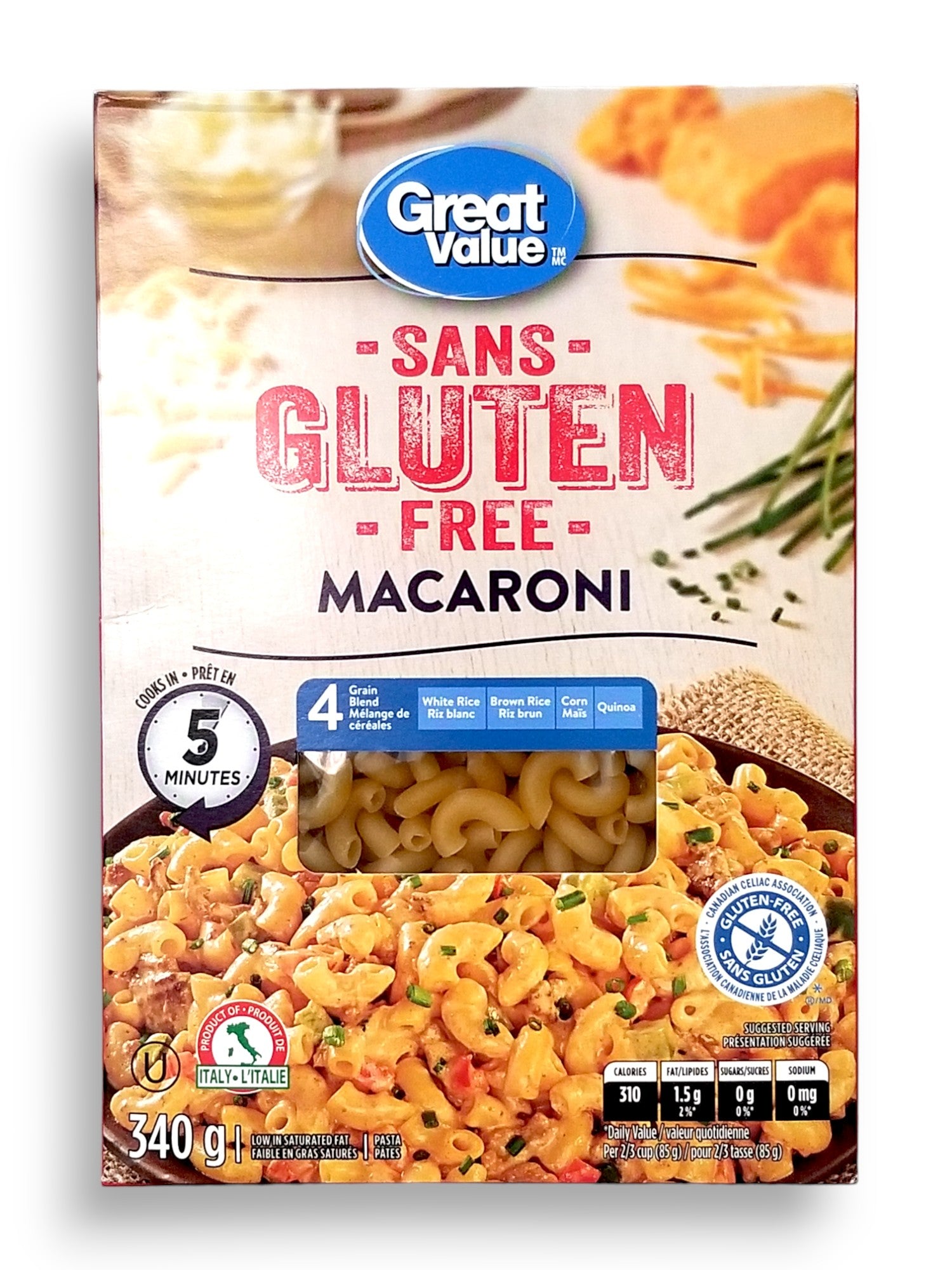 Great Value Gluten Free Macaroni Pasta, 340g/12 oz. Package, front of package.