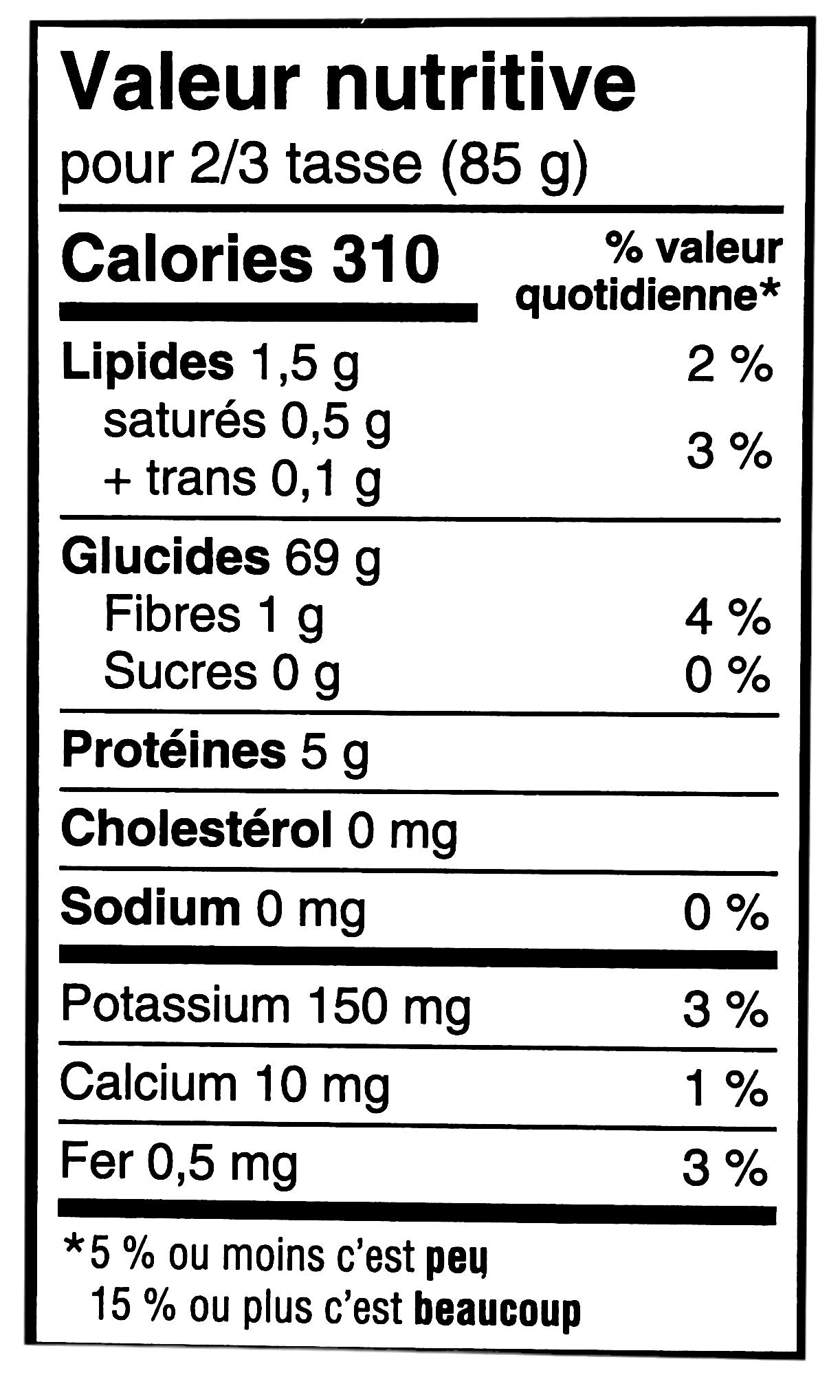 Great Value Gluten Free Macaroni Pasta, 340g/12 oz. Package, nutrition facts in French.