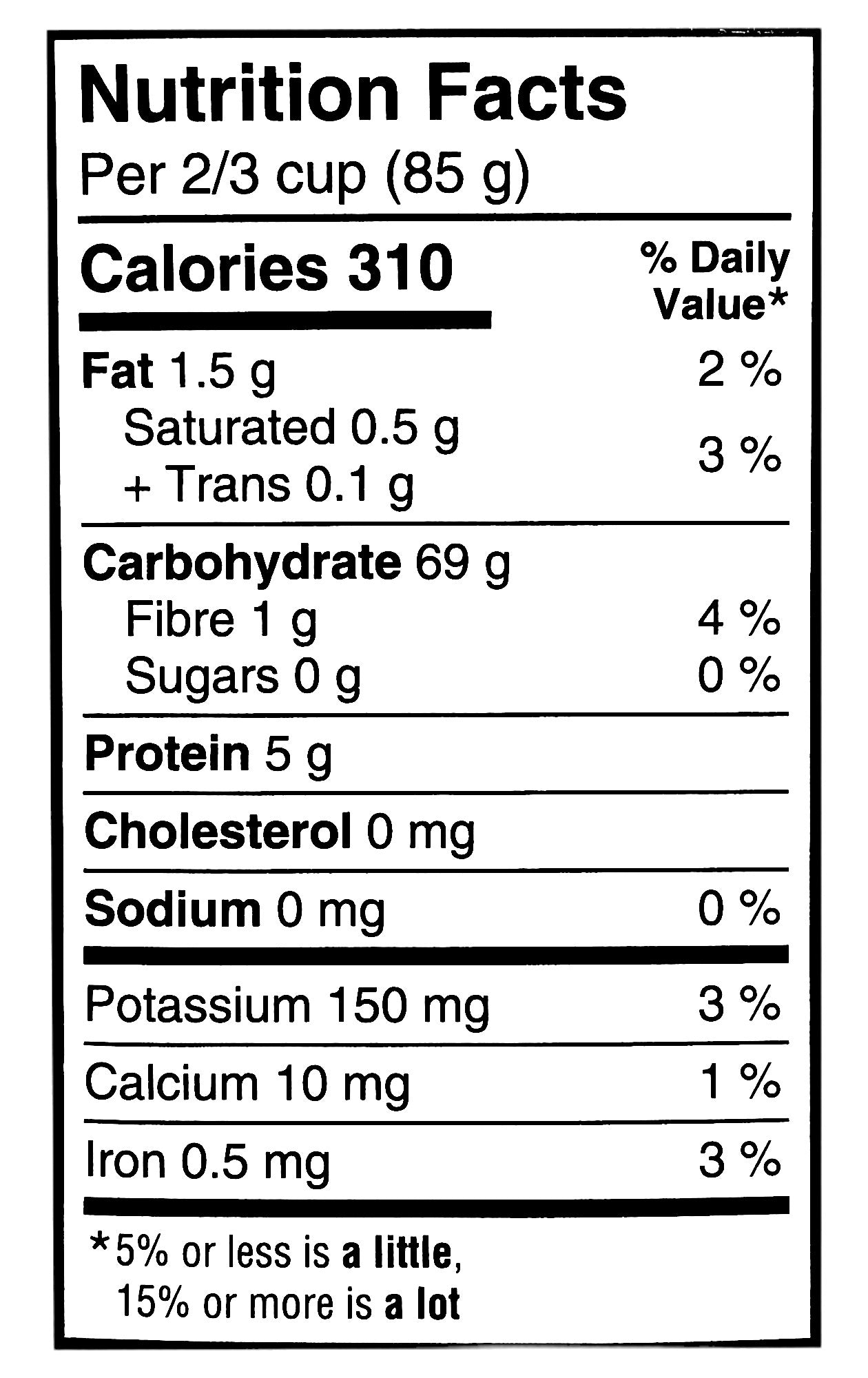 Great Value Gluten Free Macaroni Pasta, 340g/12 oz. Package, nutrition facts label.
