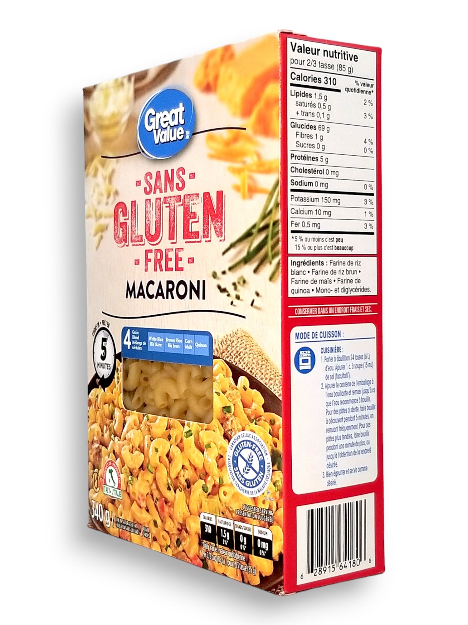 Great Value Gluten Free Macaroni Pasta, 340g/12 oz. Package, side of package with upc.