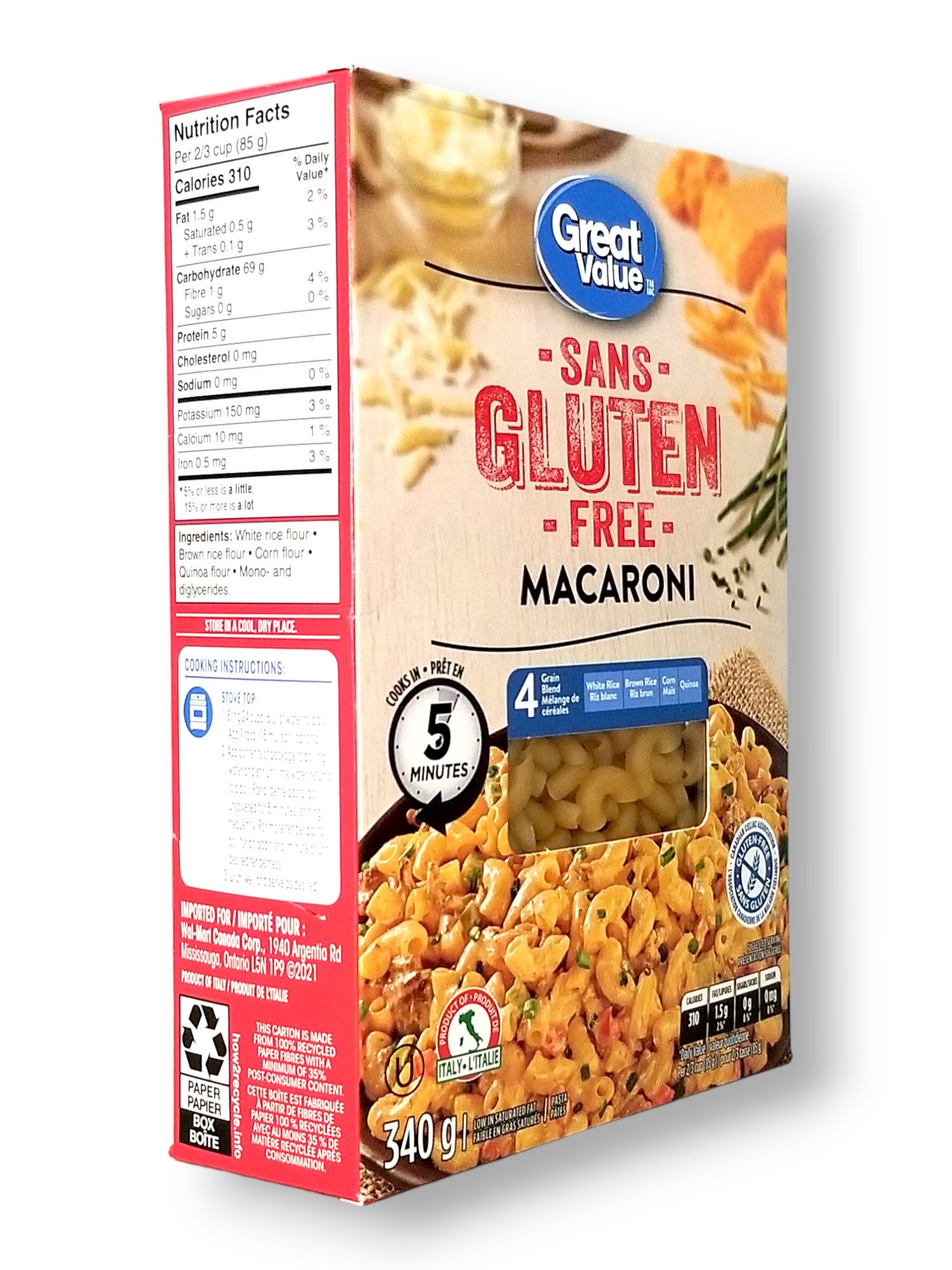 Great Value Gluten Free Macaroni Pasta, 340g/12 oz. Package, side of package.