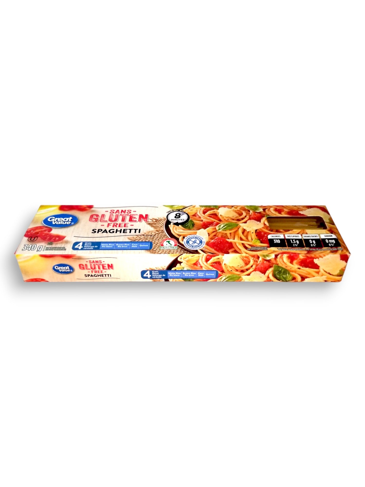 Great Value Gluten Free Spaghetti Pasta, 340g/12 oz., front of package.