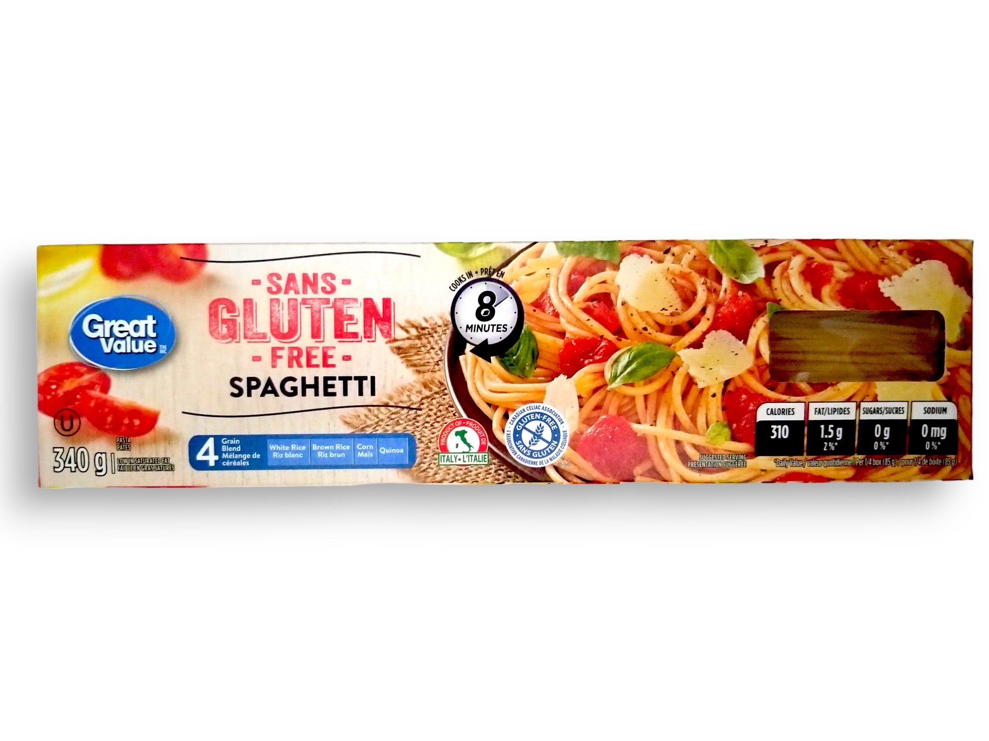 Great Value Gluten Free Spaghetti Pasta, 340g/12 oz., front of package.