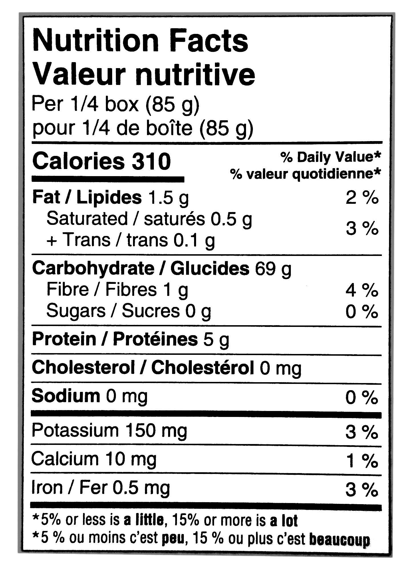 Great Value Gluten Free Spaghetti Pasta, 340g/12 oz., nutrition facts label.