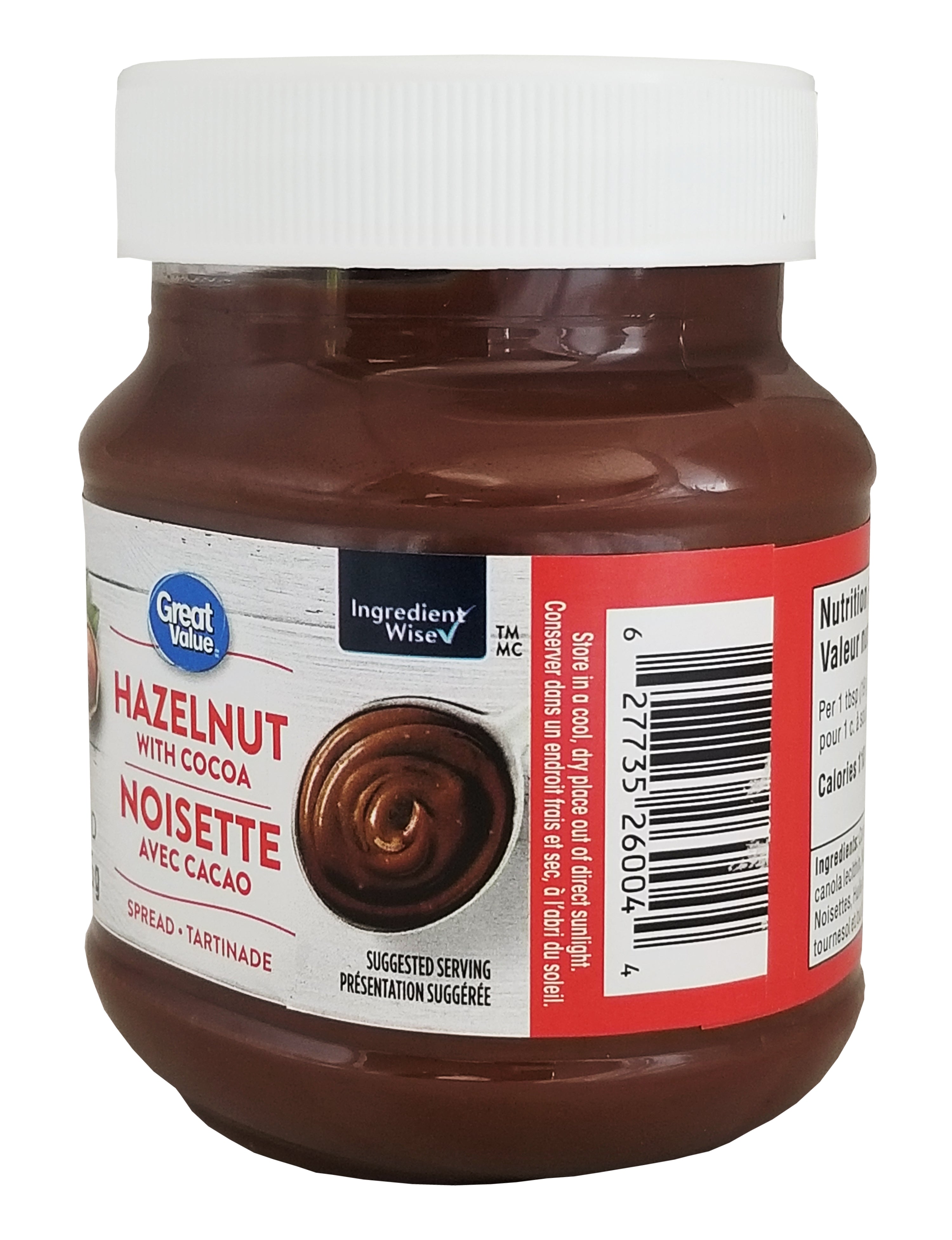Great Value Hazelnut Spread with Cocoa, 375g/13.2 oz - Side of jar of hazelnut spread with cocoa flavor on a white background