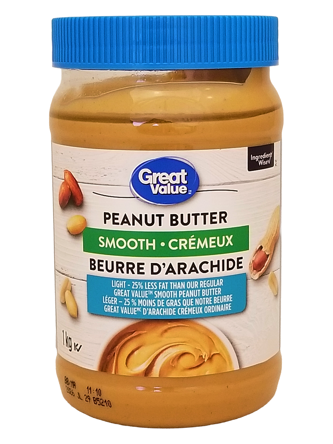 Jar of Great Value Light Smooth Peanut Butter - 1kg with blue lid on a white background