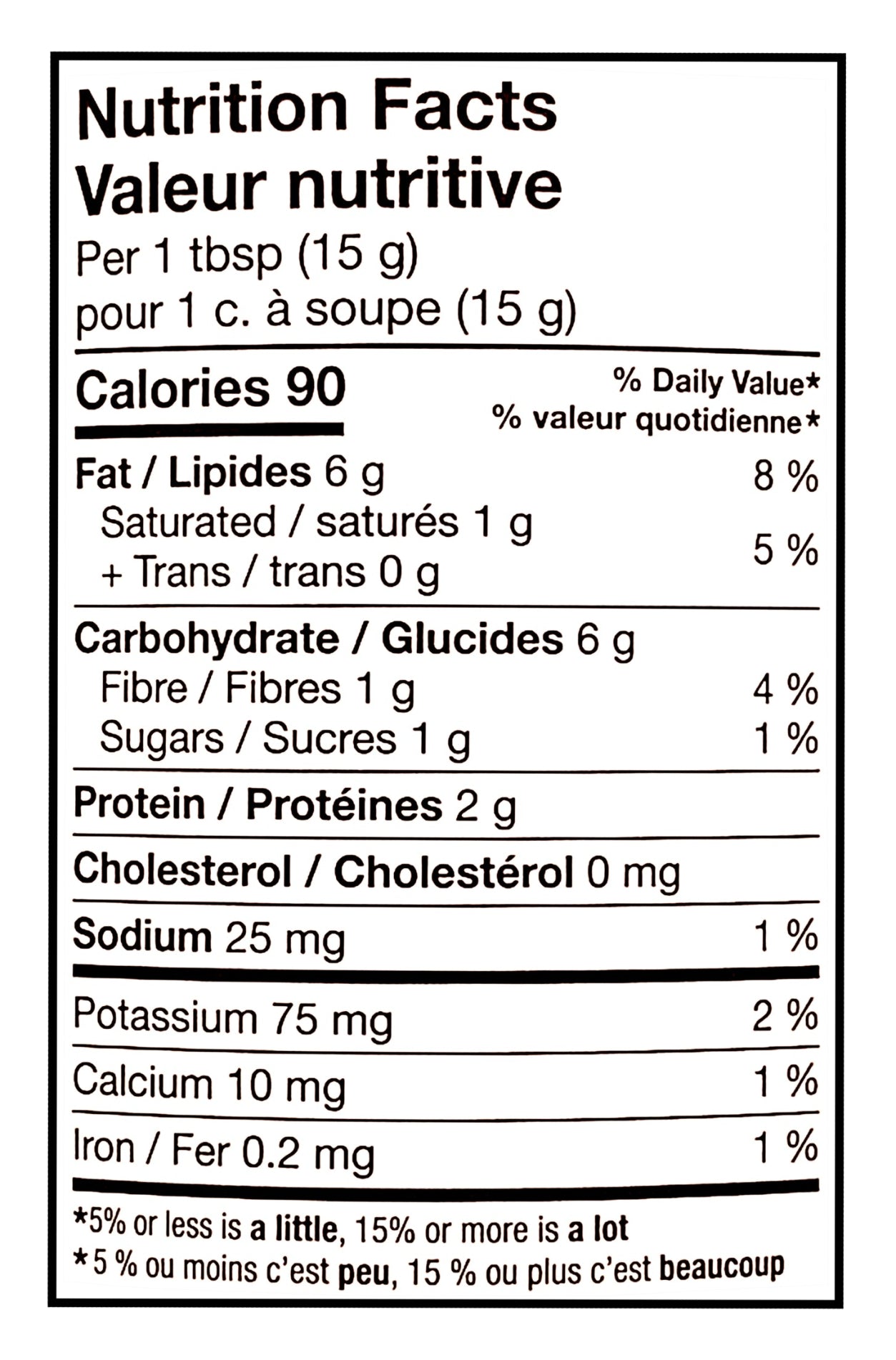 Nutrition facts label for Great Value Light Smooth Peanut Butter - 1kg per 1 tbsp (15 g) or 1 c. à soupe (15 g).