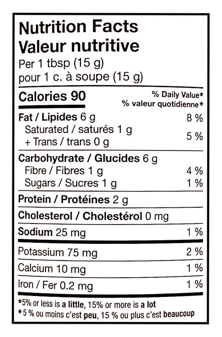Nutrition facts label for Great Value Light Smooth Peanut Butter - 1kg per 1 tbsp (15 g) or 1 c. à soupe (15 g).