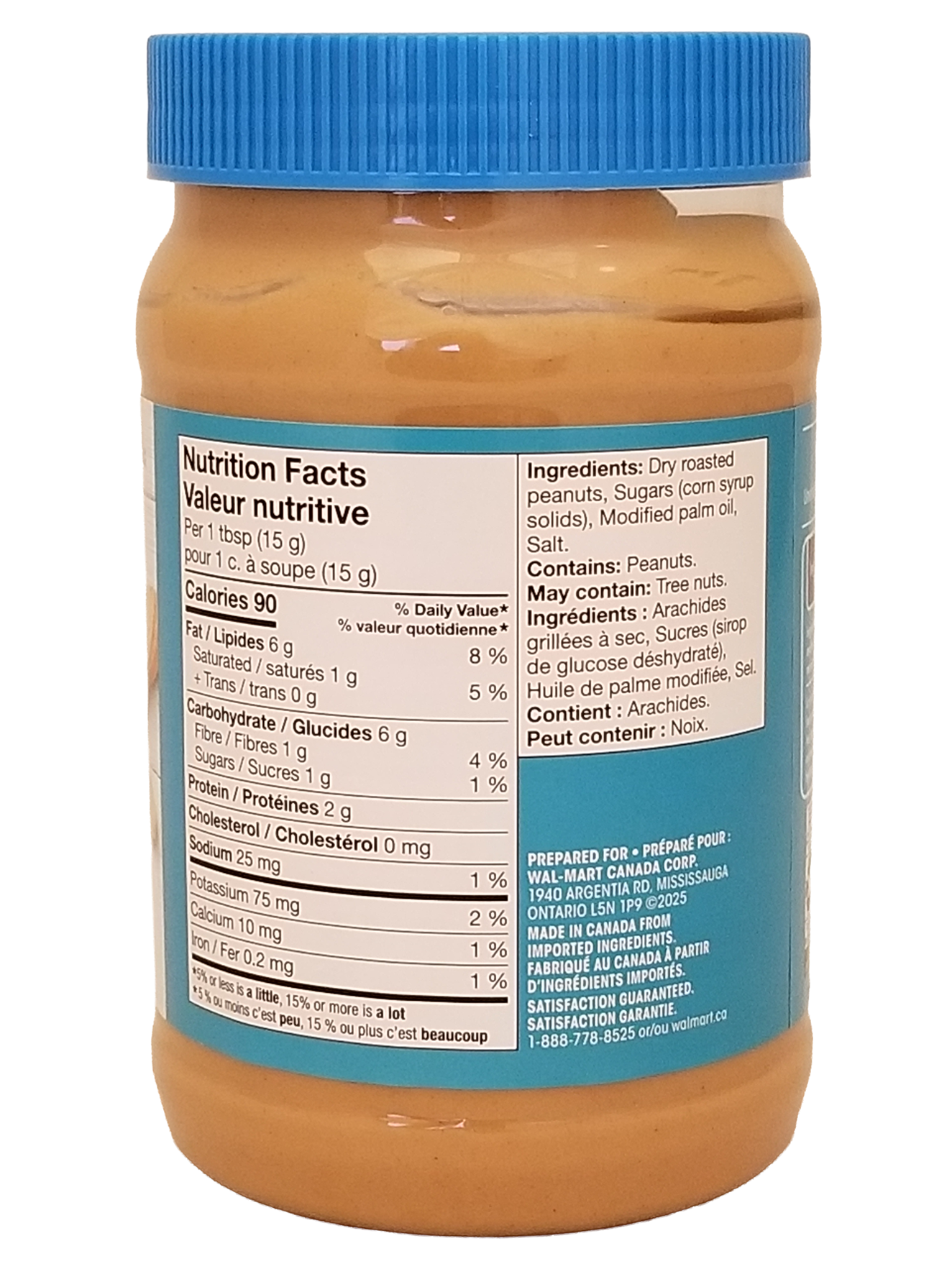 Jar of Great Value Light Smooth Peanut Butter - 1kg with blue lid and nutritional label on a white background
