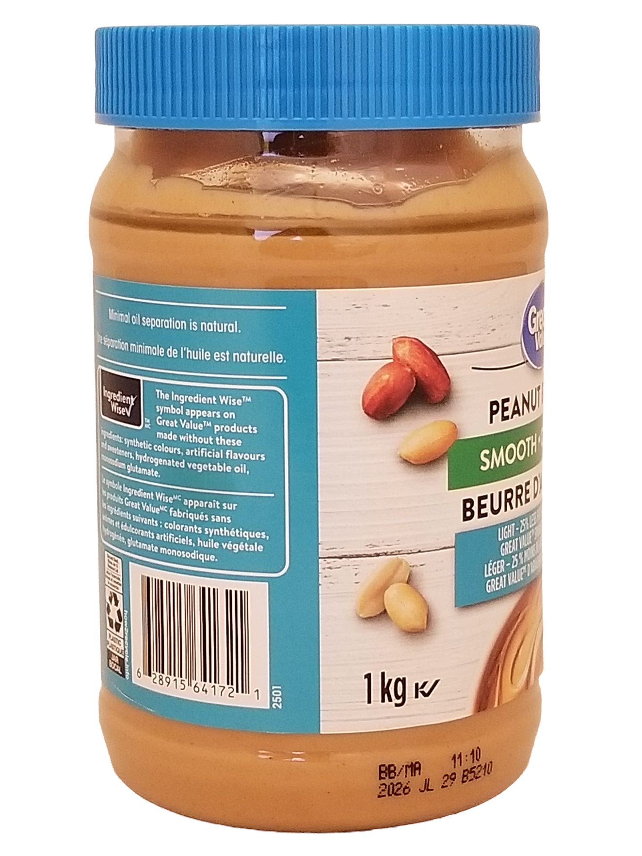 Jar of Great Value Light Smooth Peanut Butter - 1kg with blue lid and visible label on a white background