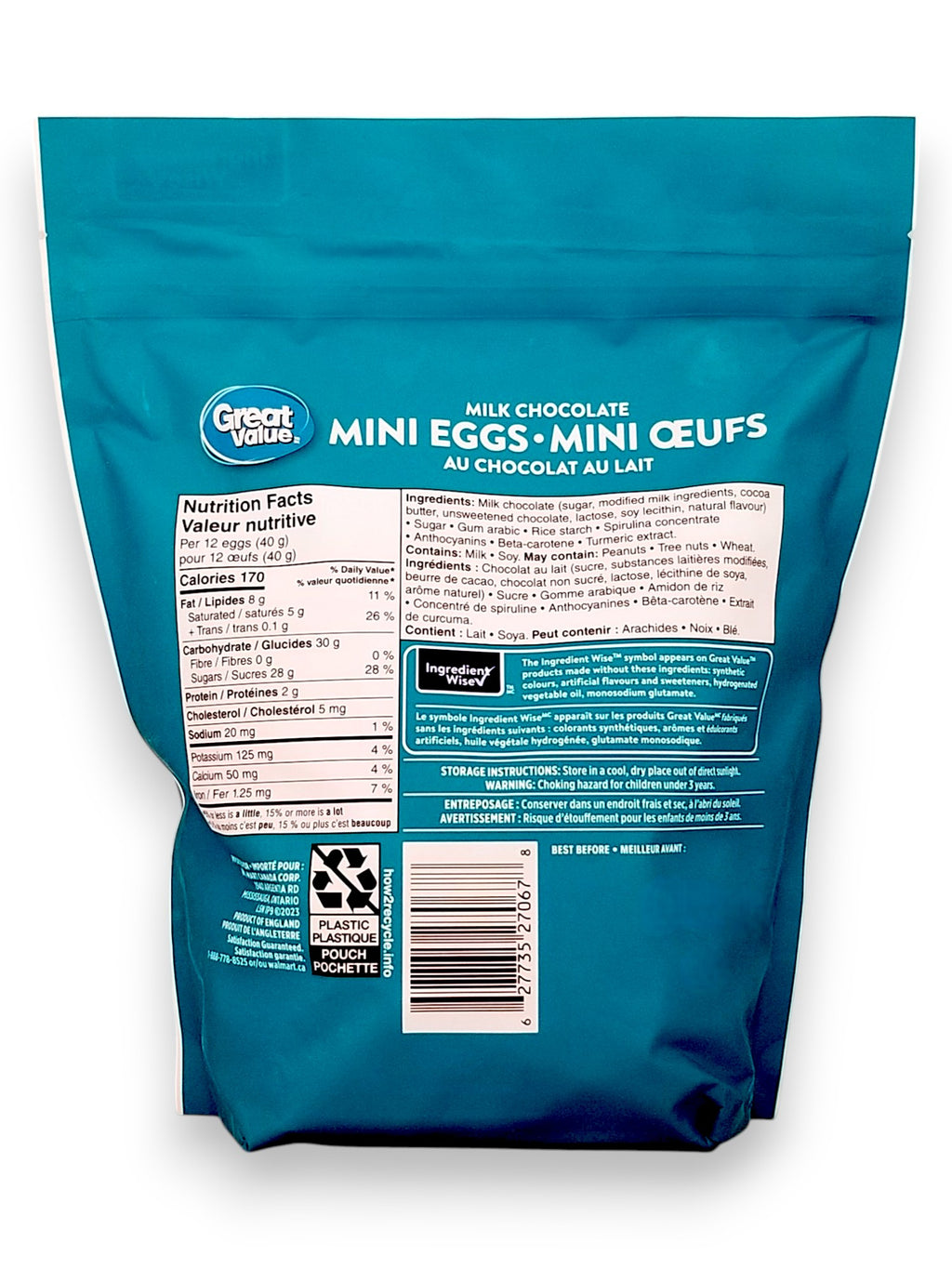 Great Value Milk Chocolate Mini Eggs, Sharing Size, 800g/1.8 lb. - Back Of Bag