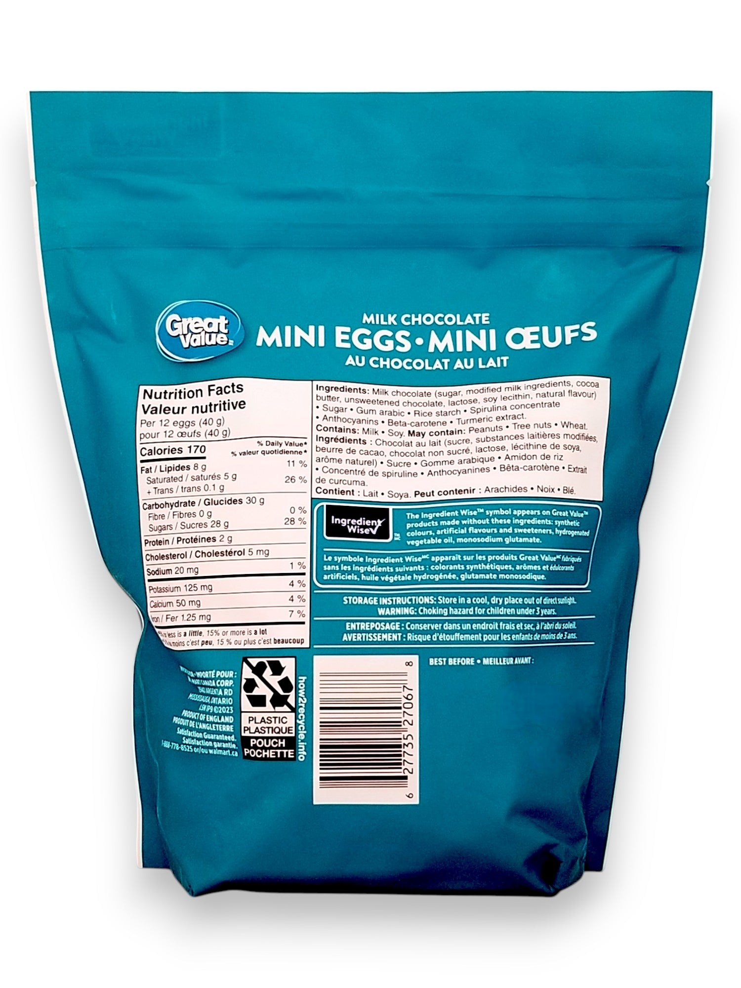 Back view of a blue 800g Great Value milk chocolate mini eggs package with nutritional information.