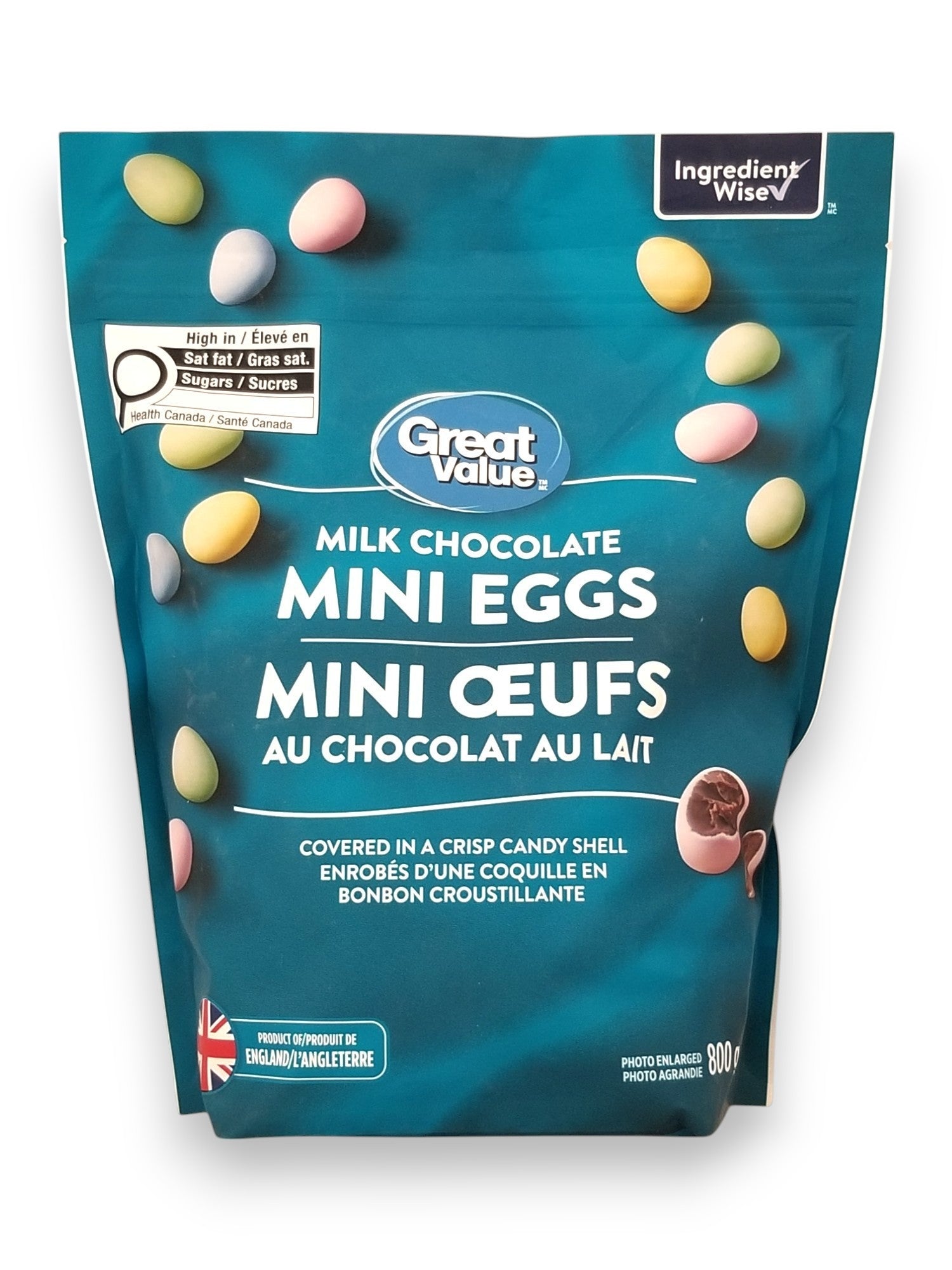 Great Value Milk Chocolate Mini Eggs 800g  packaging on a white background