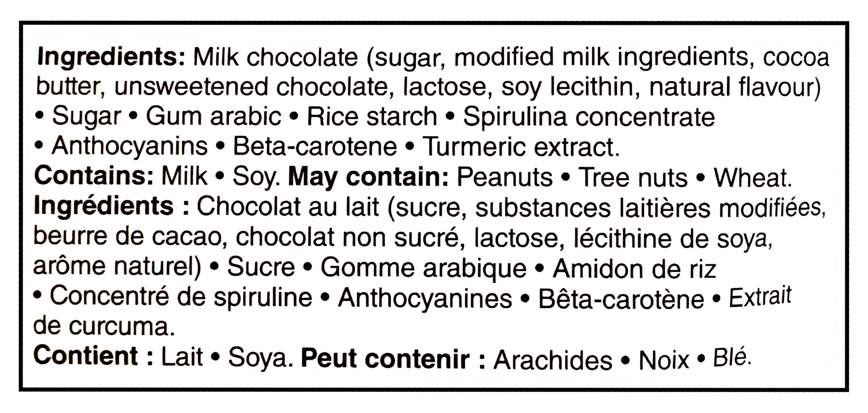 Great Value Milk Chocolate Mini Eggs, Sharing Size, 800g/1.8 lb. - Ingredients Label