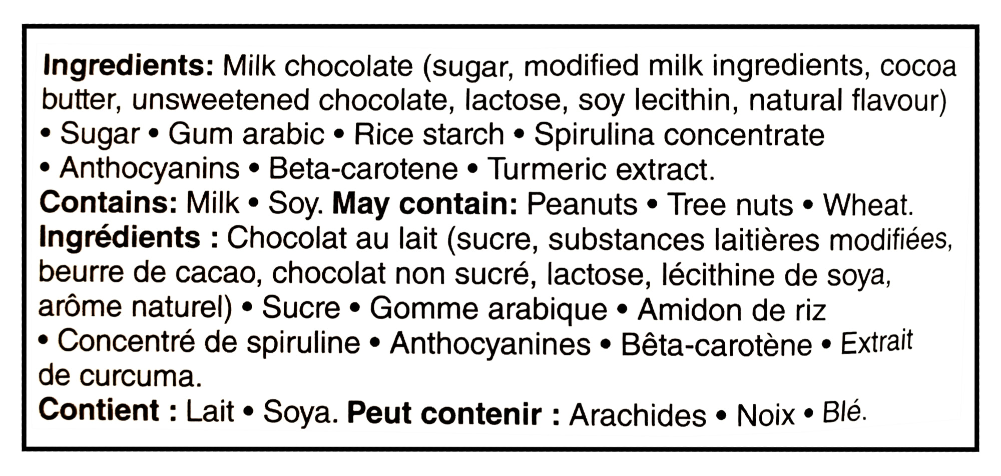 Ingredients list for Great Value Milk Chocolate Mini Eggs 800g package on a black background