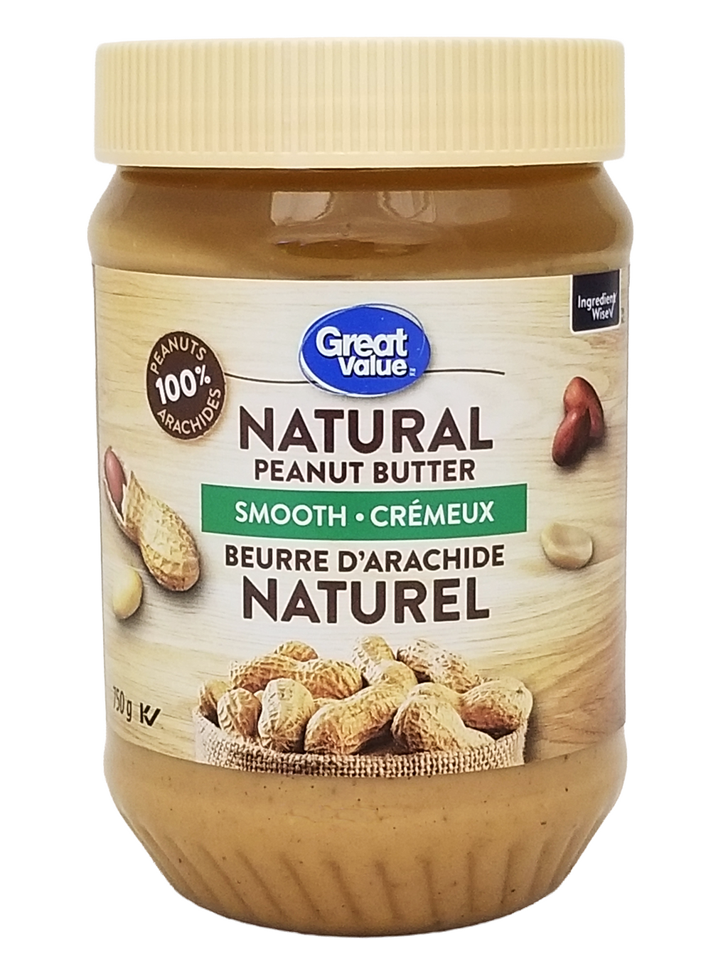 Jar of Great Value Natural Smooth Peanut Butter on a white background