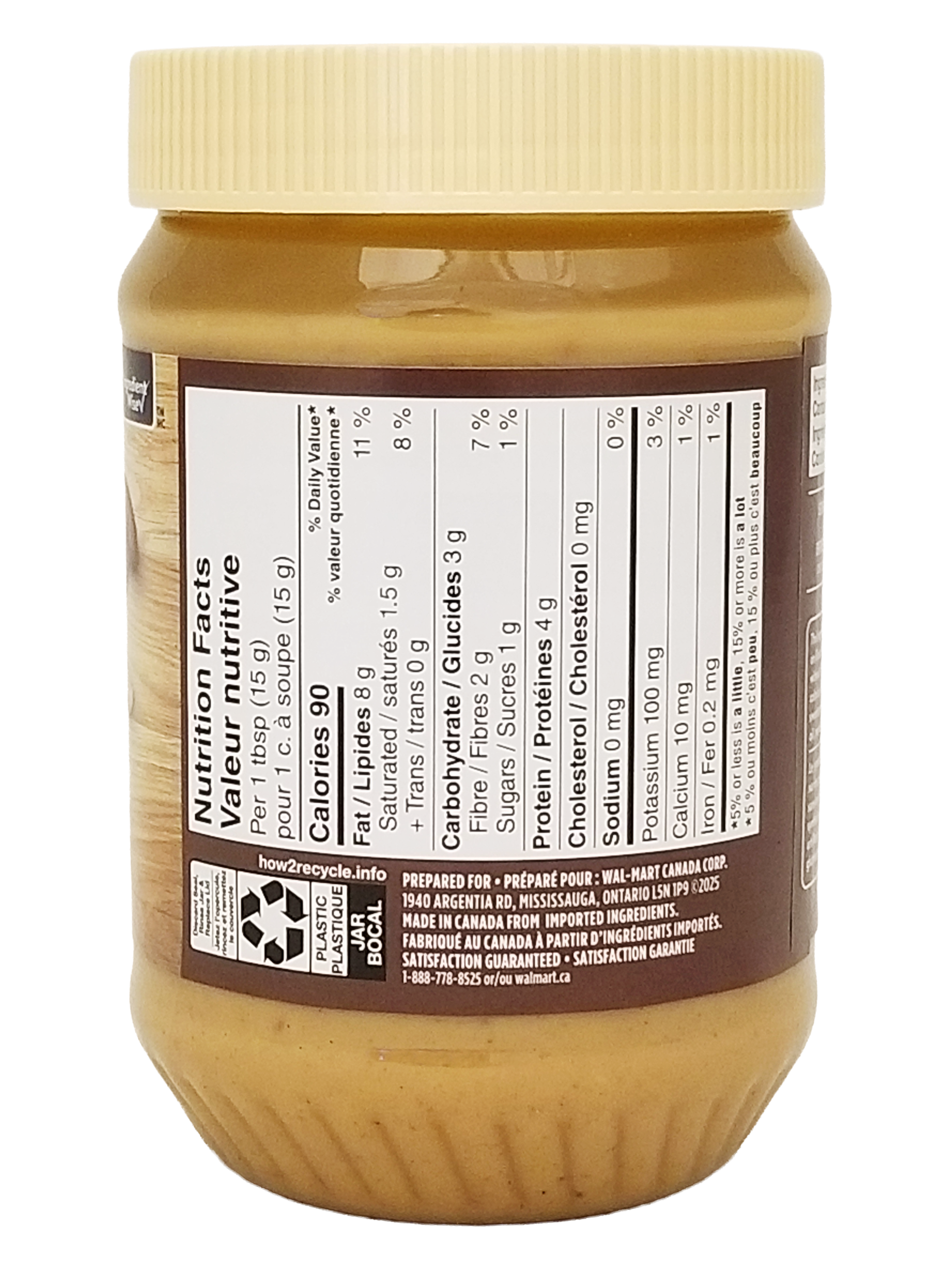 Jar of Great Value natural smooth peanut butter with nutrition label on a white background