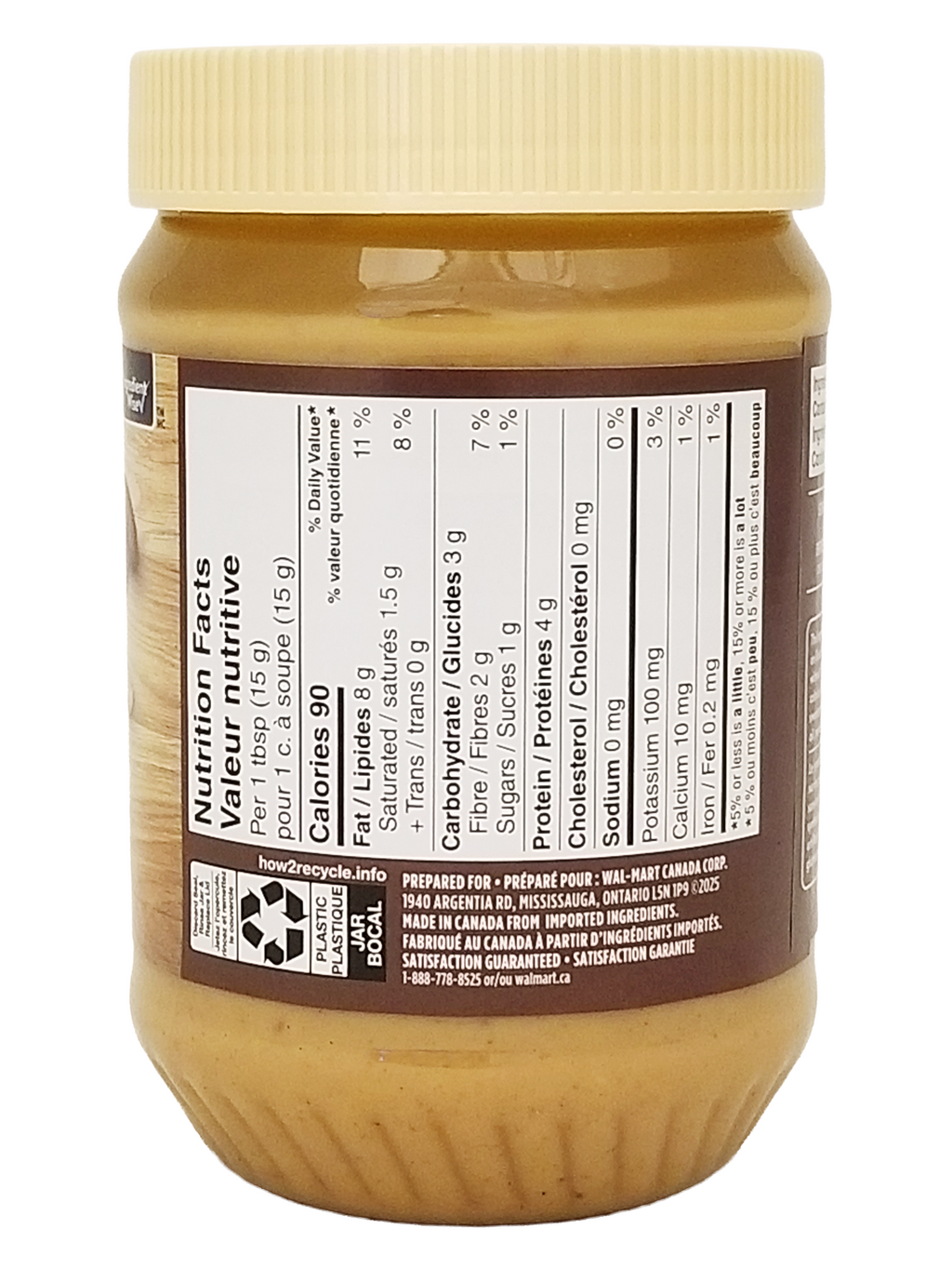 Jar of Great Value natural smooth peanut butter with nutrition label on a white background