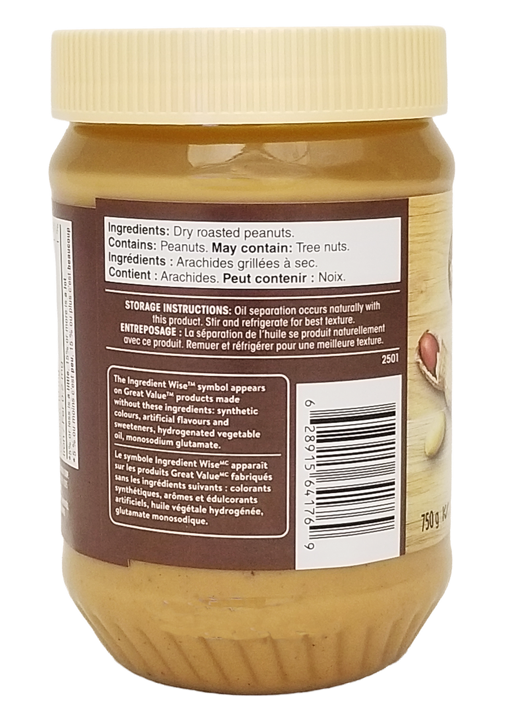 Back view of a Great Value Natural Smooth Peanut Butter jar with a focus on the label.