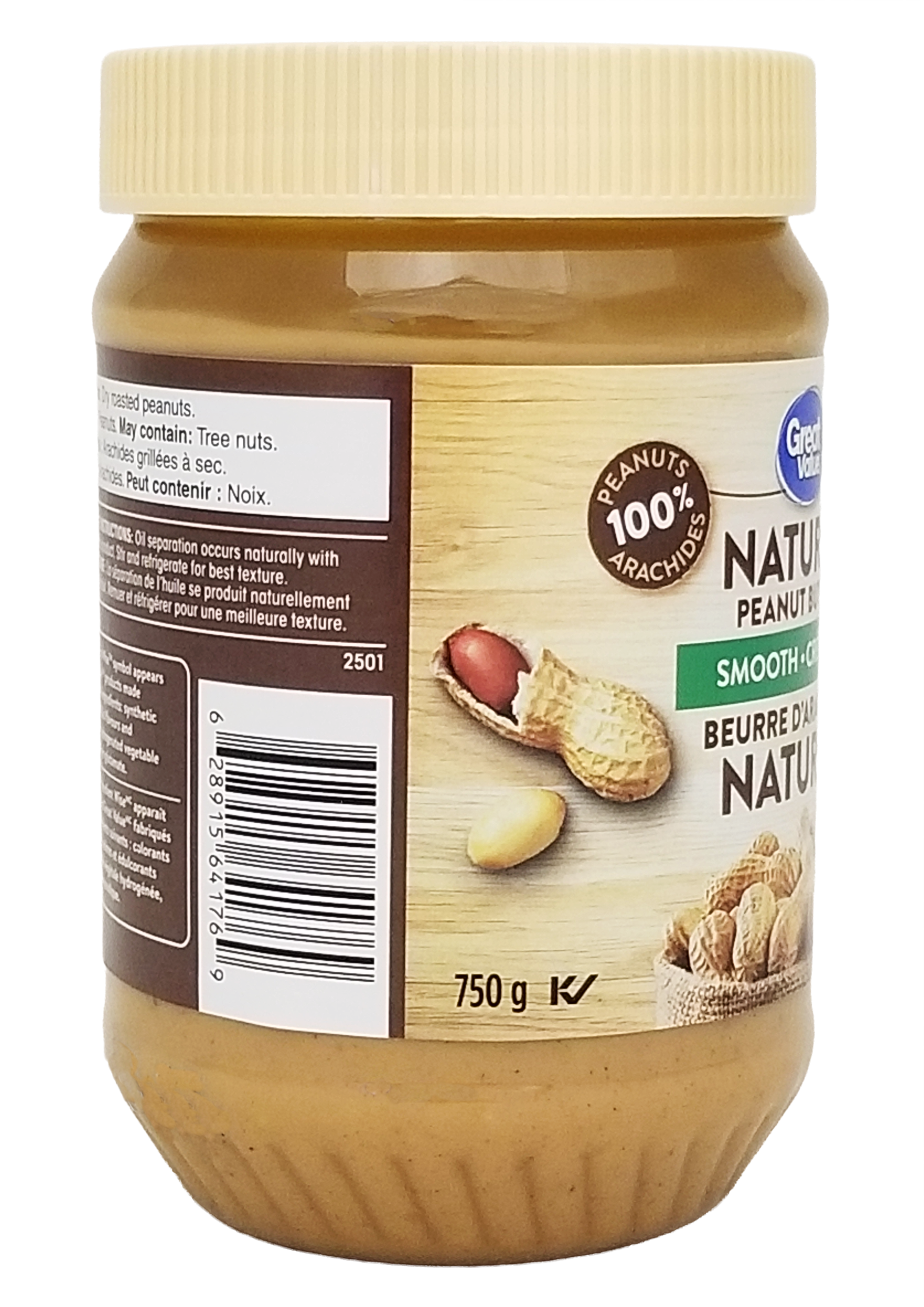 Jar of Great Value Natural Smooth Peanut Butter with a visible label on a white background