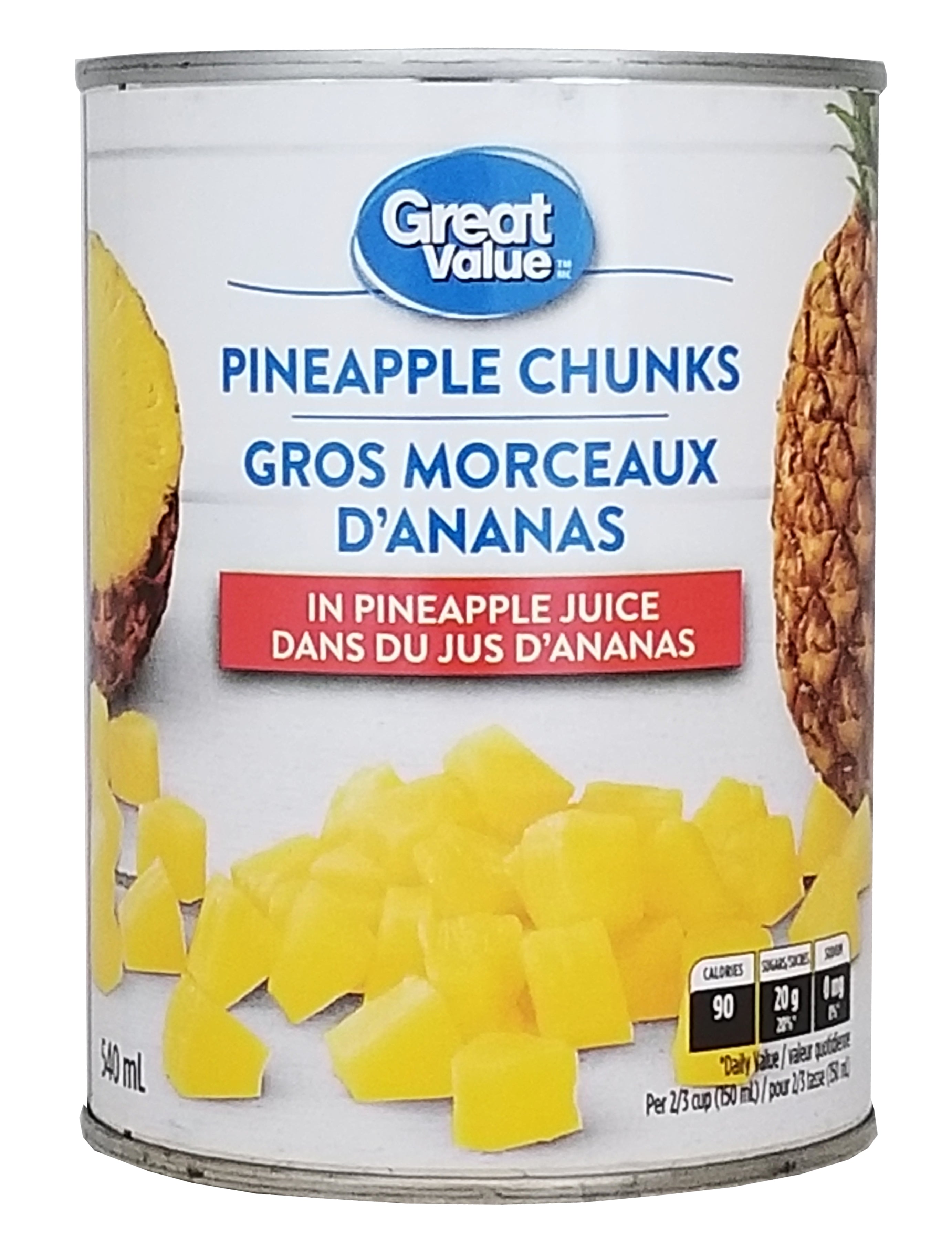 Great Value Pineapple Chunks In Pineapple Juice, 540ml/19 fl oz - Front of can of Great Value pineapple chunks on a white background