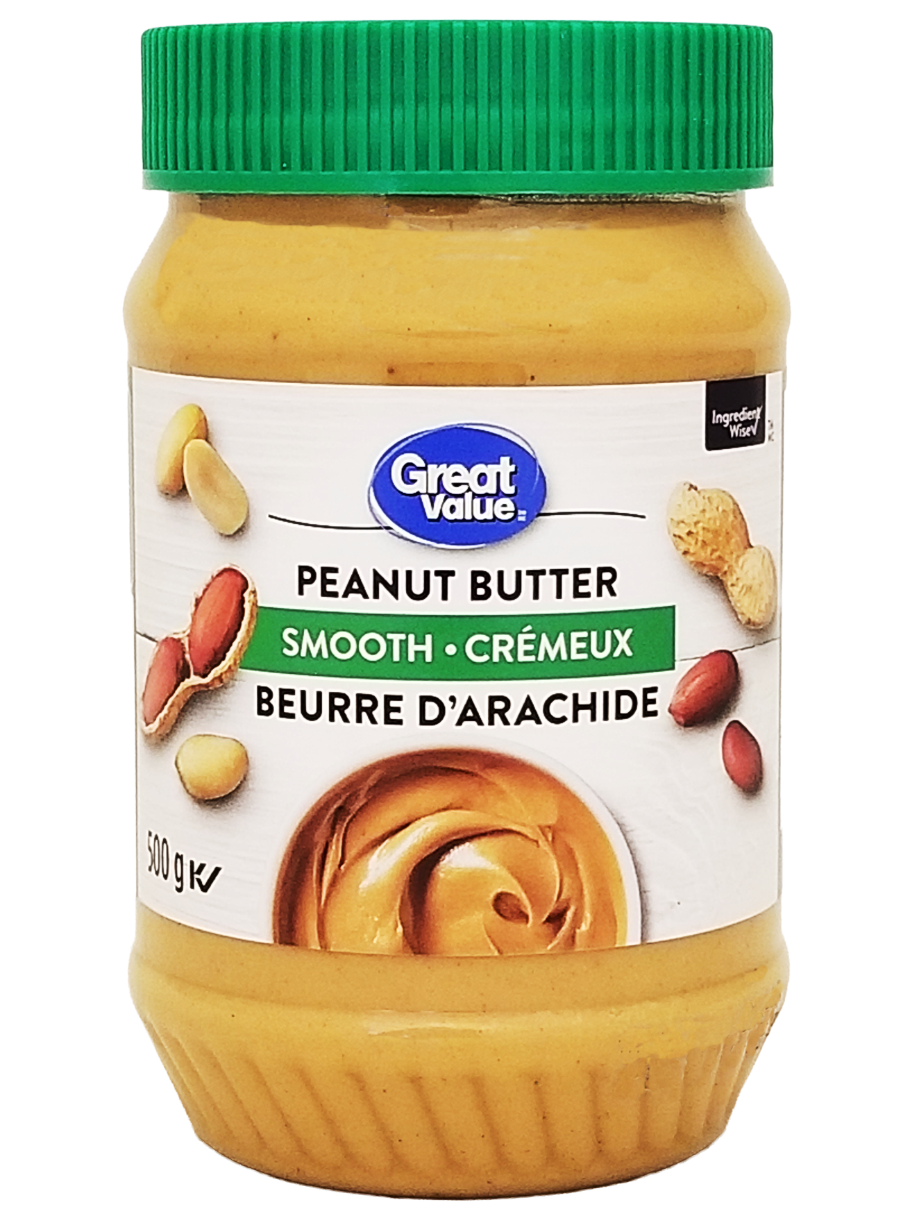 Jar of Great Value smooth peanut butter with green lid on a white background