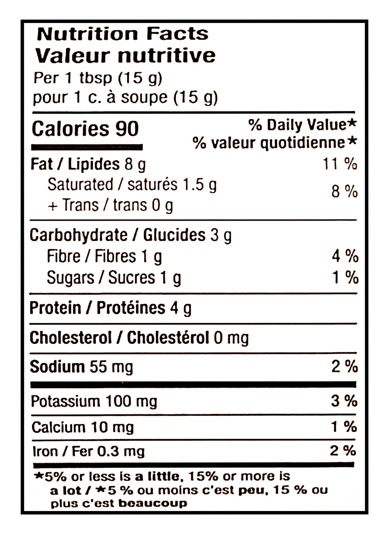 Nutrition facts label for Great Value Smooth Peanut Butter - 500g, showing calories, fat, carbohydrates, and other nutritional information.