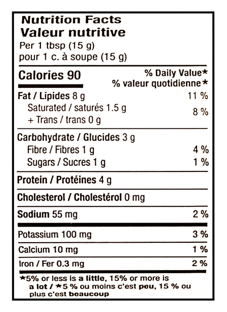 Nutrition facts label for Great Value Smooth Peanut Butter - 500g, showing calories, fat, carbohydrates, and other nutritional information.
